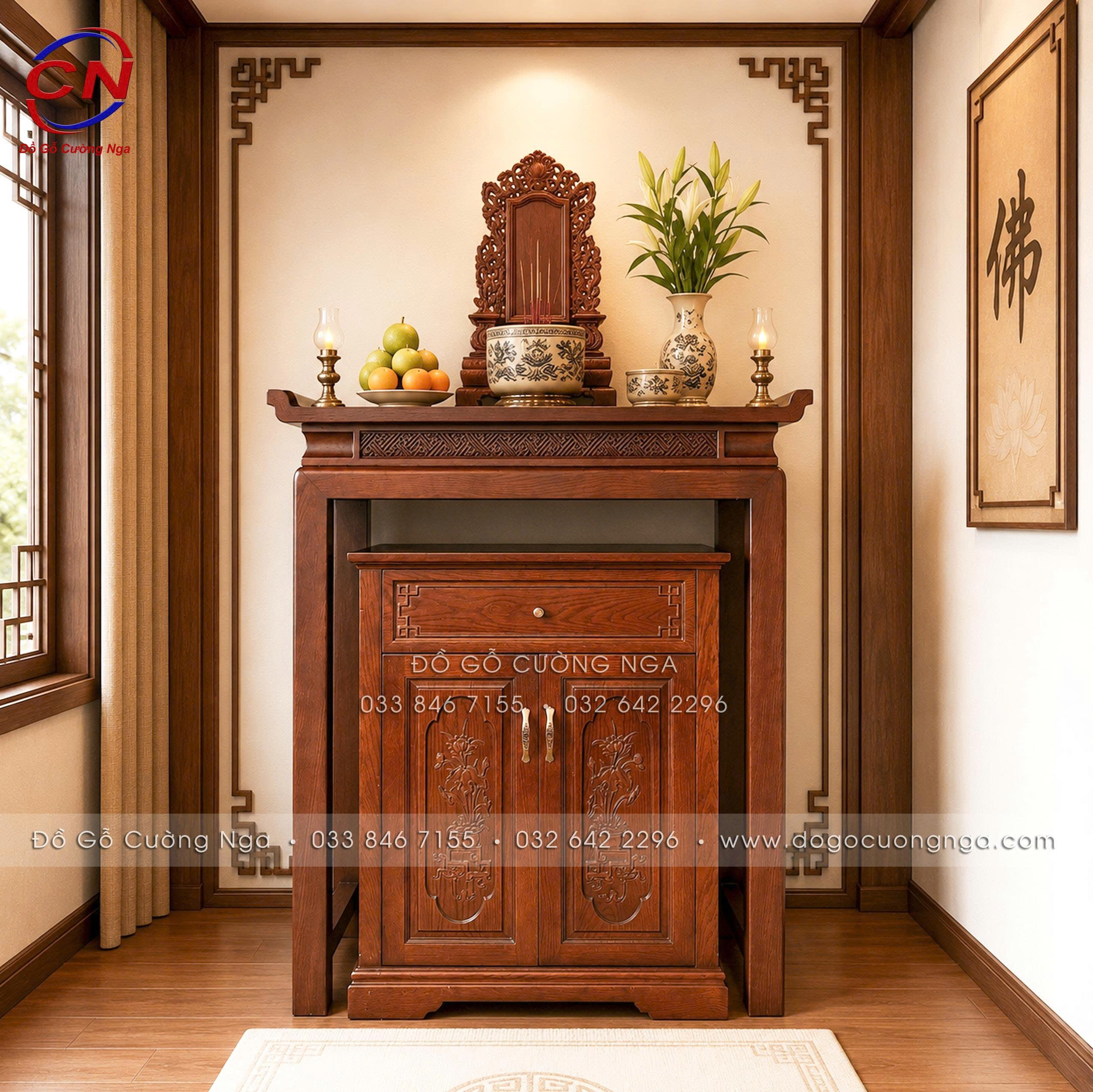 Bàn thờ gỗ sồi hiện đại màu óc chó 