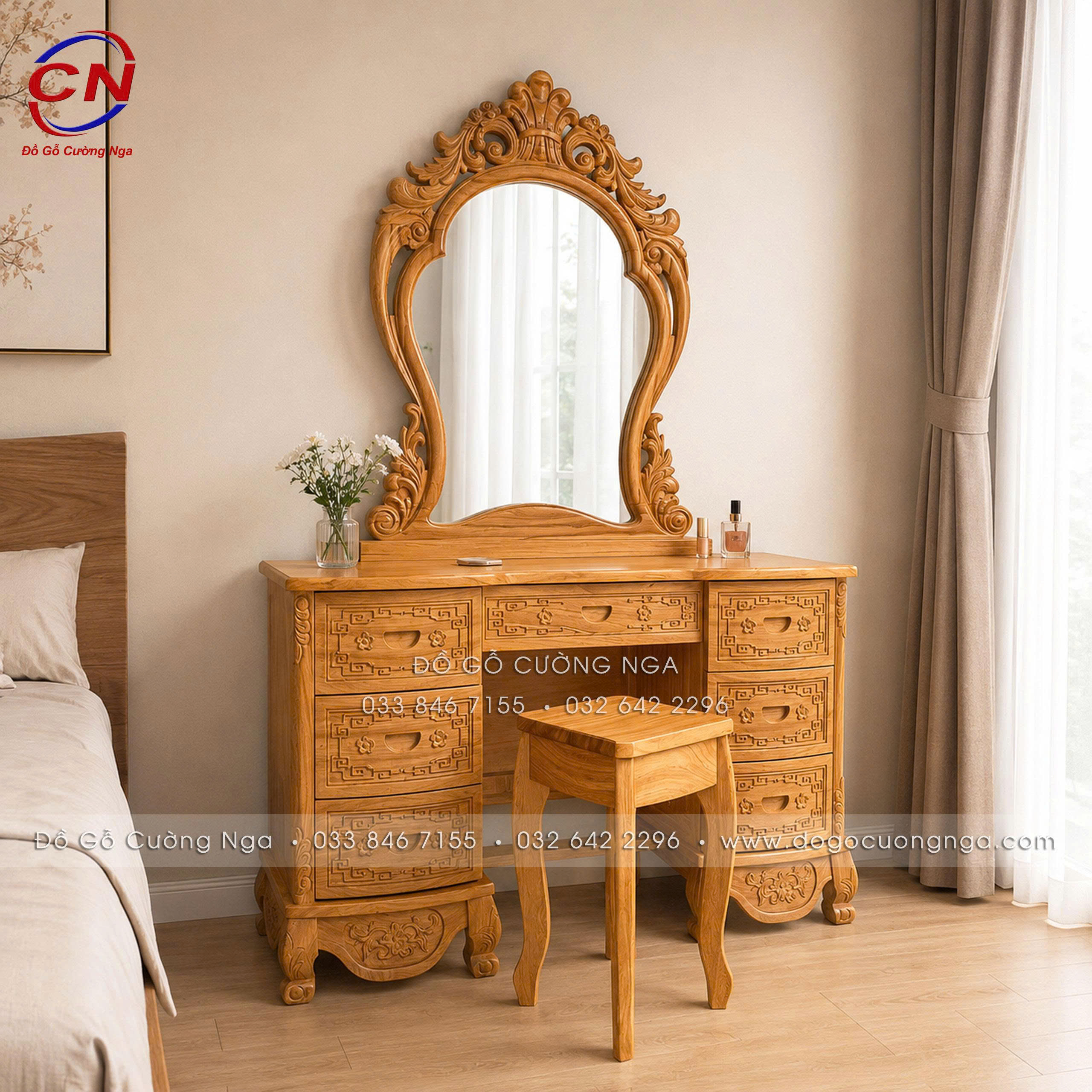 bàn trang điểm gỗ gõ đỏ 1m2