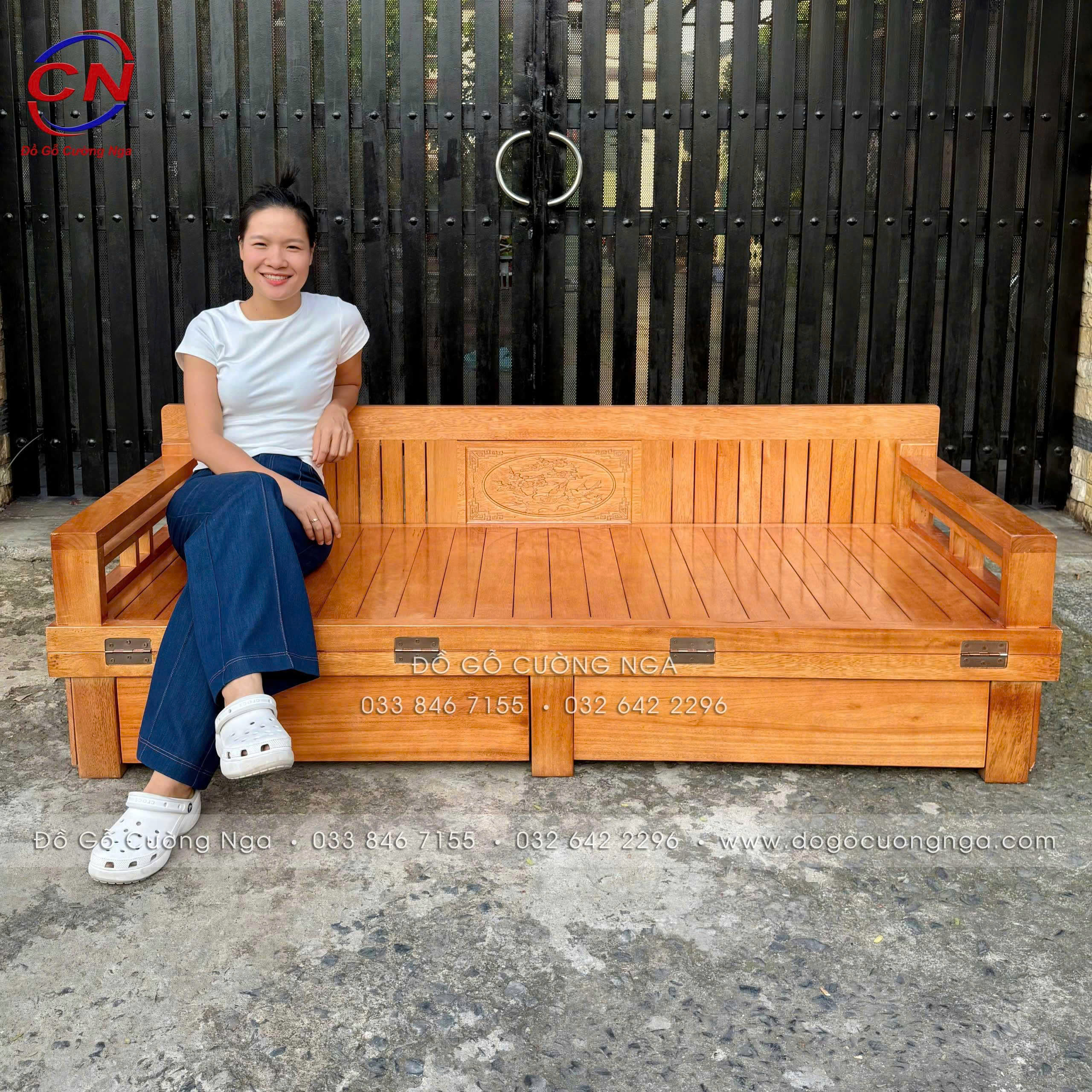 giường gấp gỗ sồi 2 ngăn kéo màu gõ 