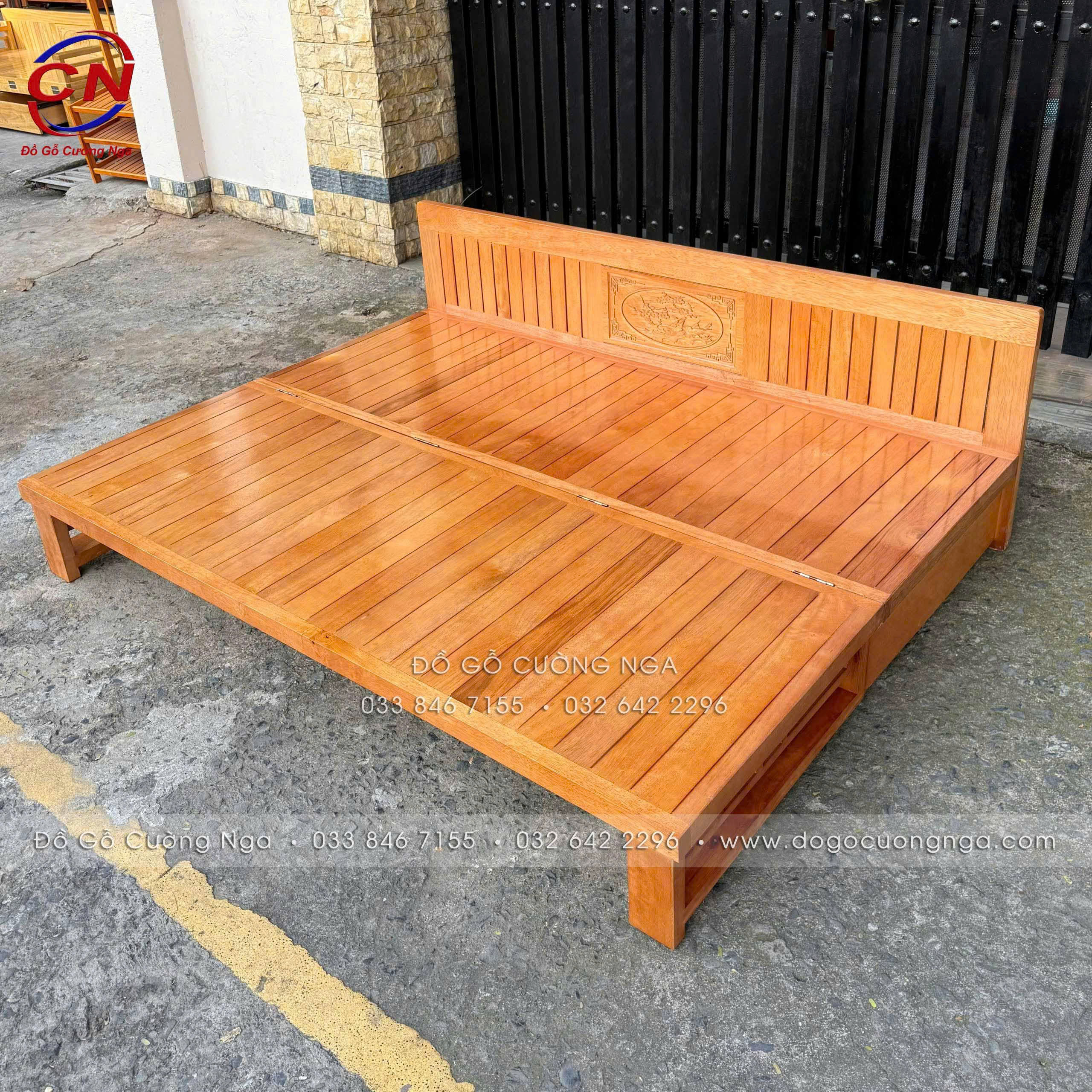 giường gấp gỗ sồi 2 ngăn kéo màu gõ 