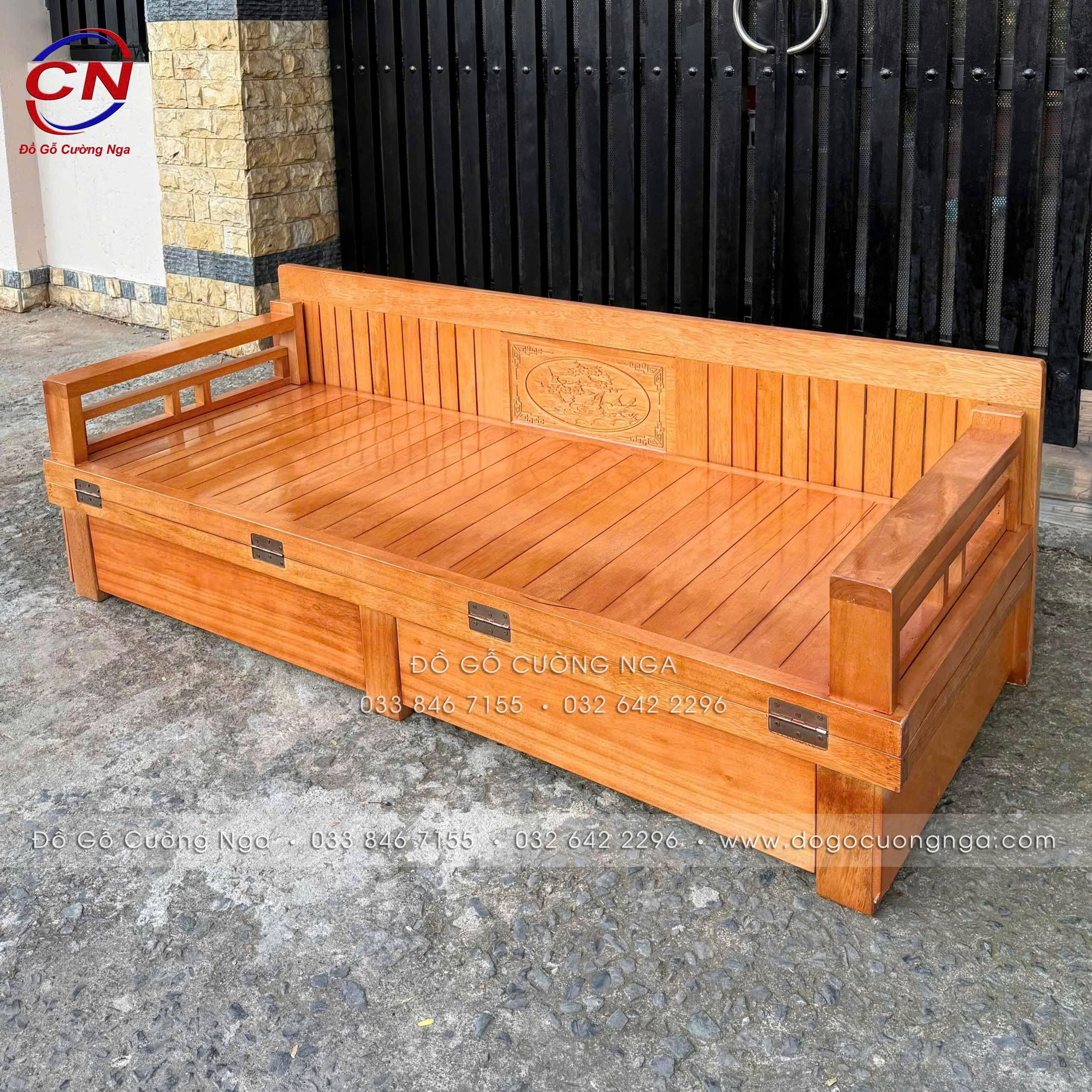 giường gấp gỗ sồi 2 ngăn kéo màu gõ 