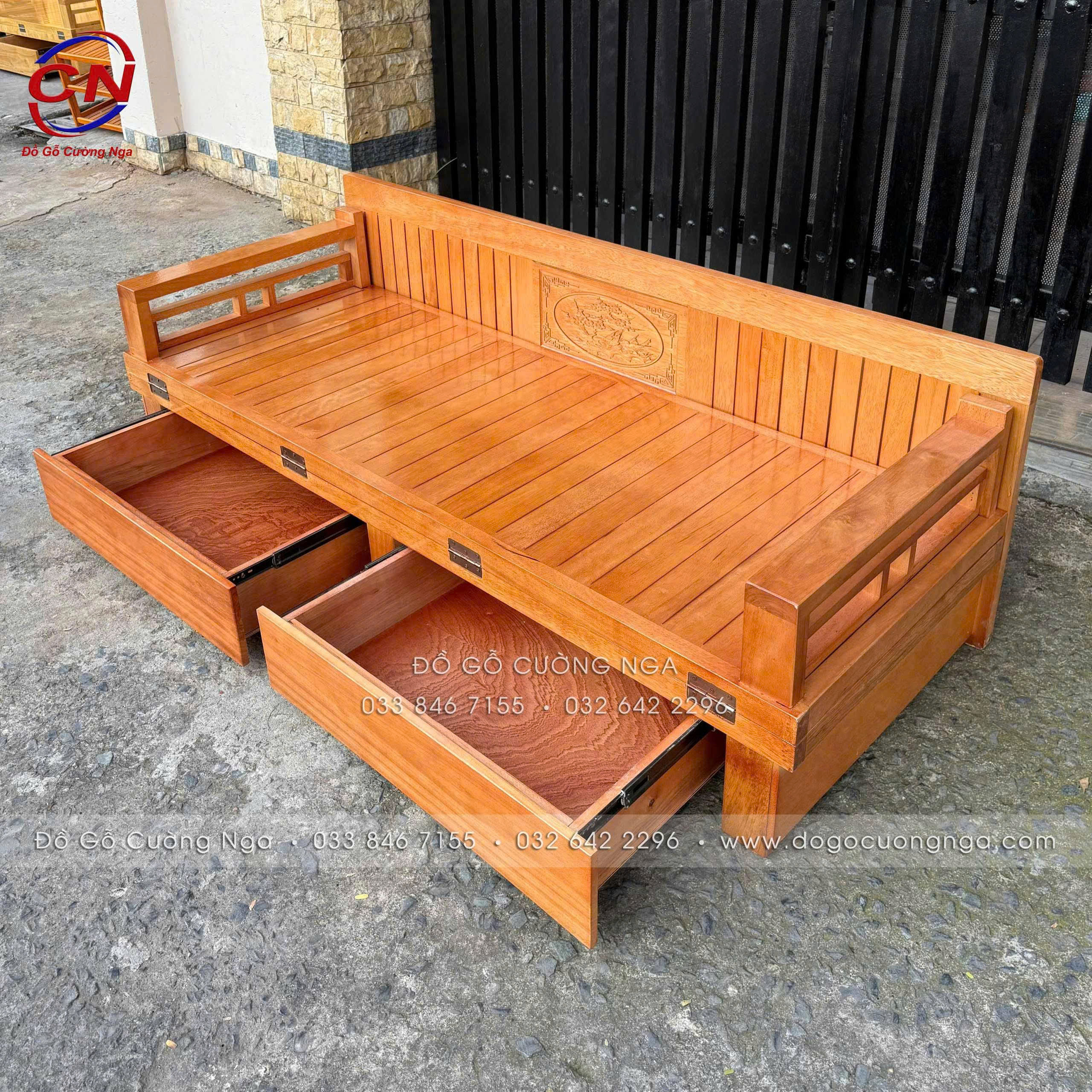 giường gấp gỗ sồi 2 ngăn kéo màu gõ 
