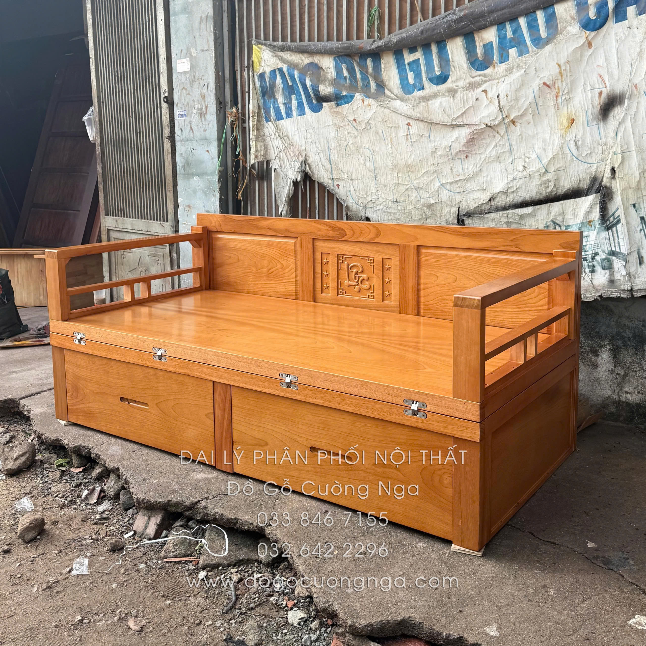 giường gấp gỗ gõ đỏ 2 ngăn kéo 