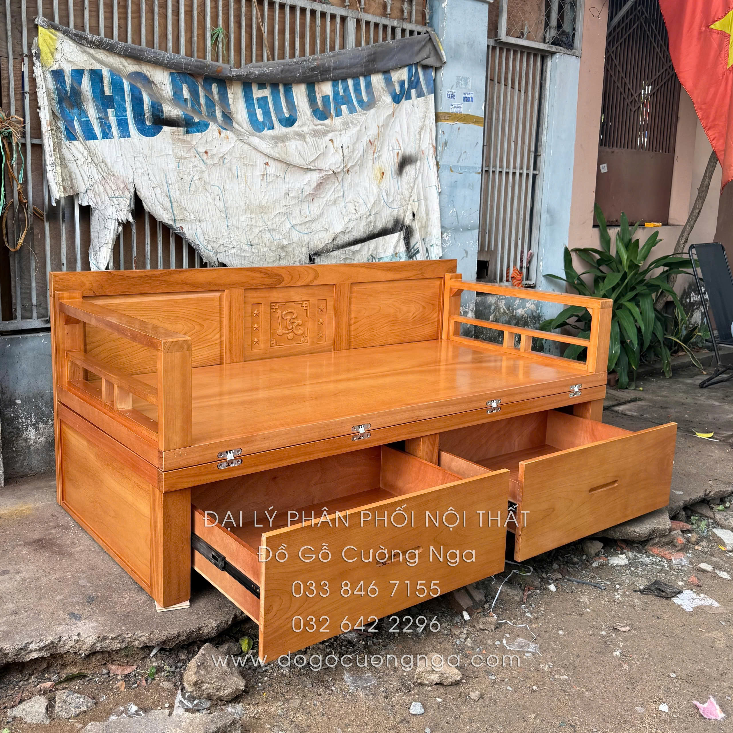 giường gấp gỗ gõ đỏ 2 ngăn kéo 