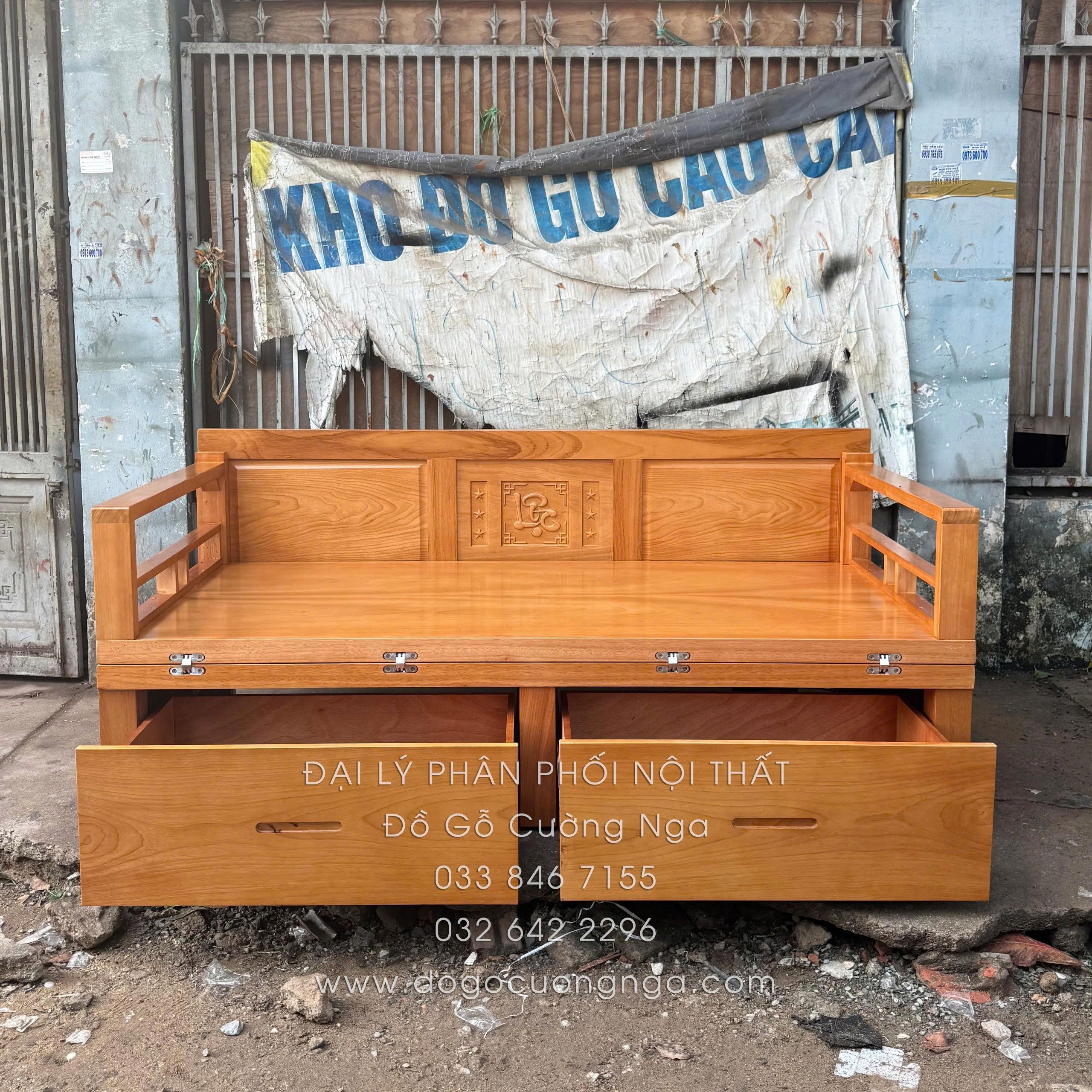 giường gấp gỗ gõ đỏ 2 ngăn kéo 