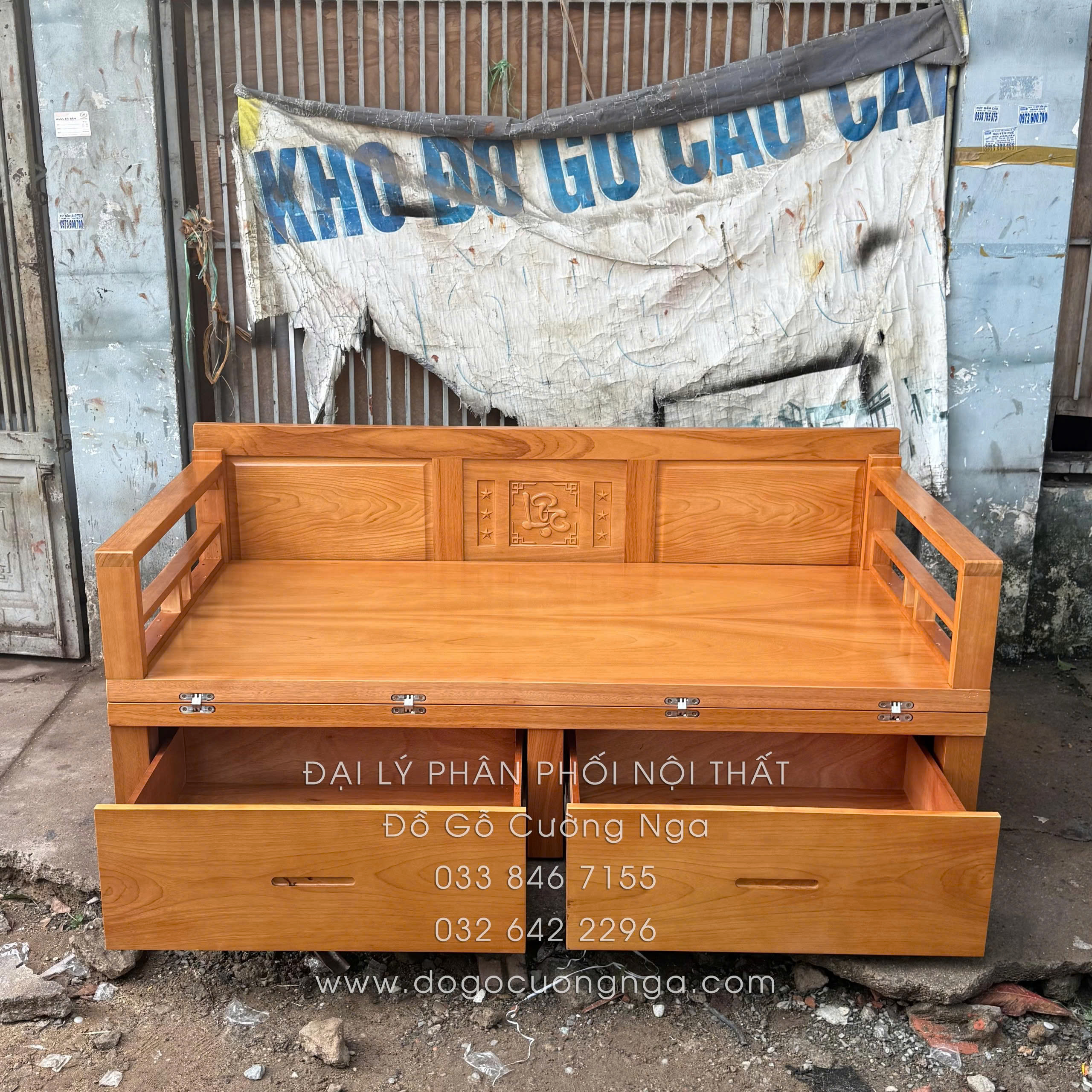 giường gấp gỗ gõ đỏ 2 ngăn kéo 