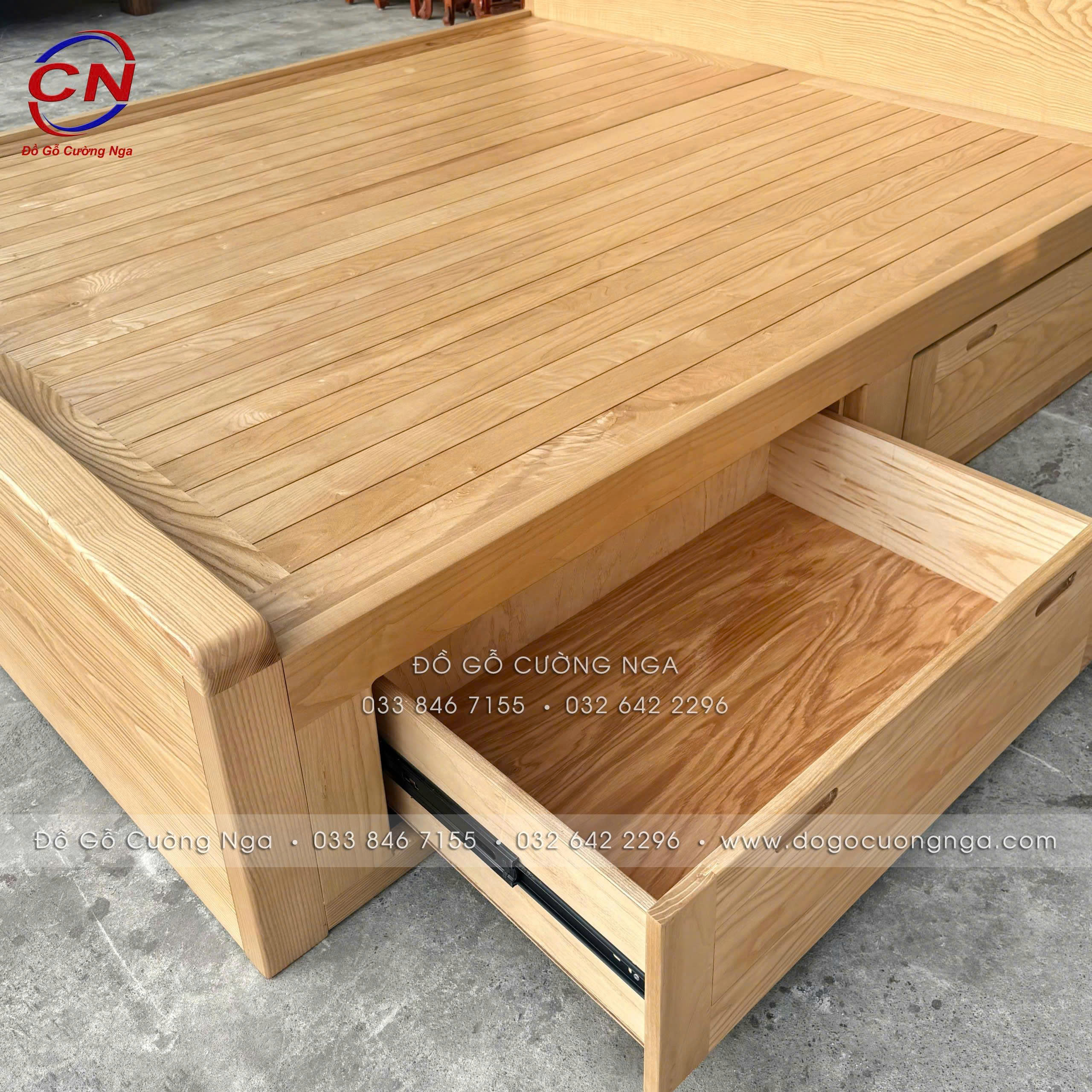 giường ngủ gỗ sồi nga 2 ngăn kéo