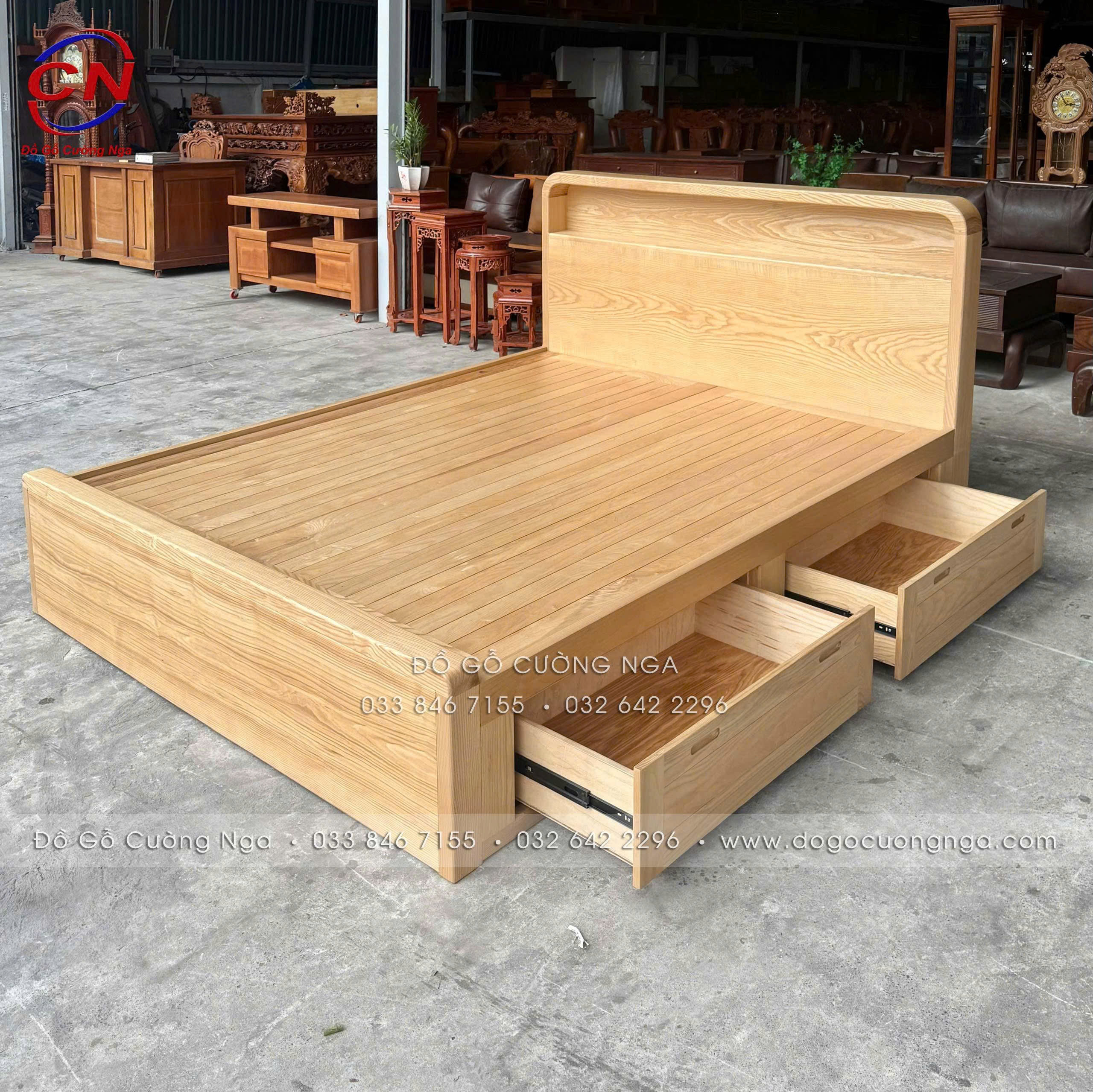 giường ngủ gô sồi nga 2 ngăn kéo