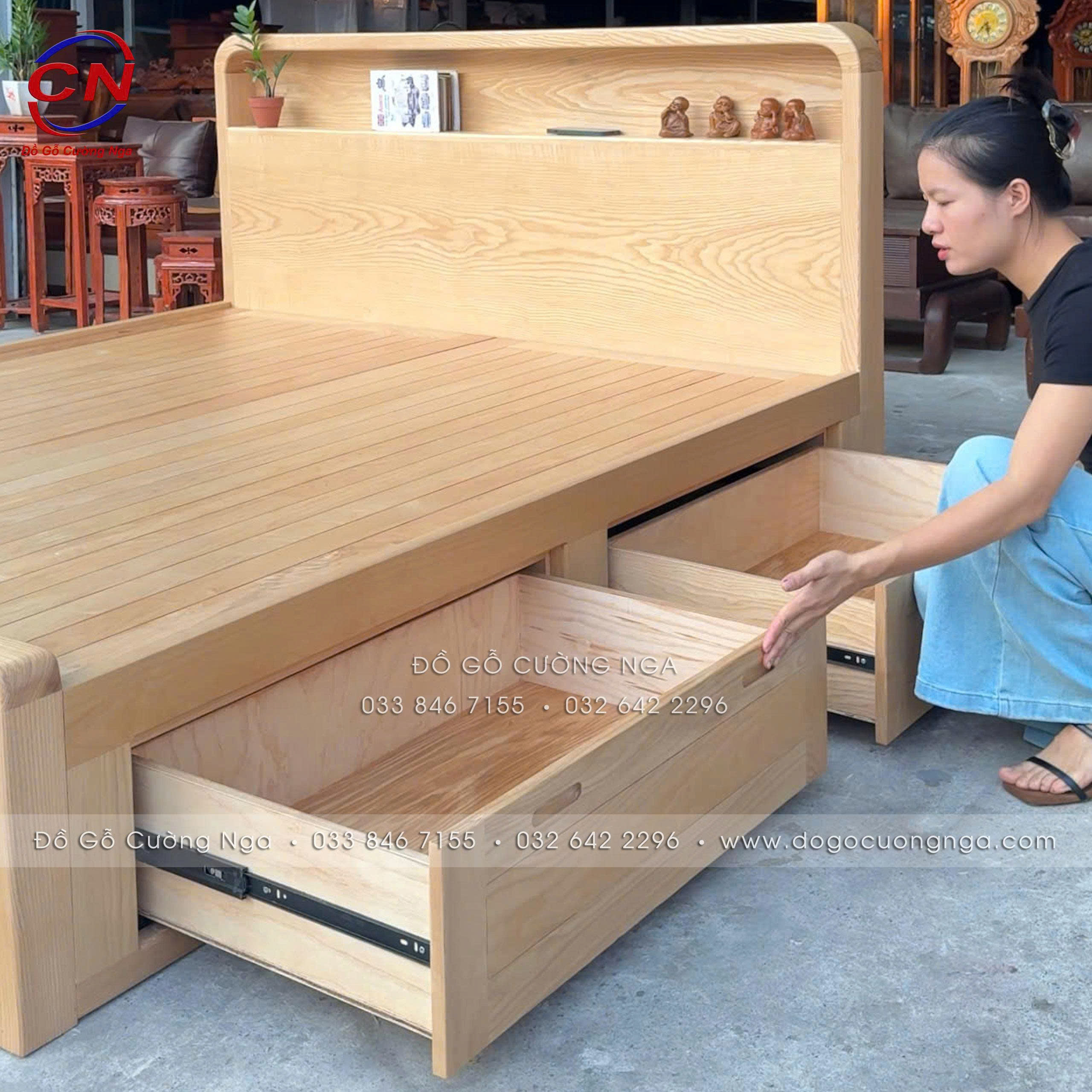giường ngủ gô sồi nga 2 ngăn kéo
