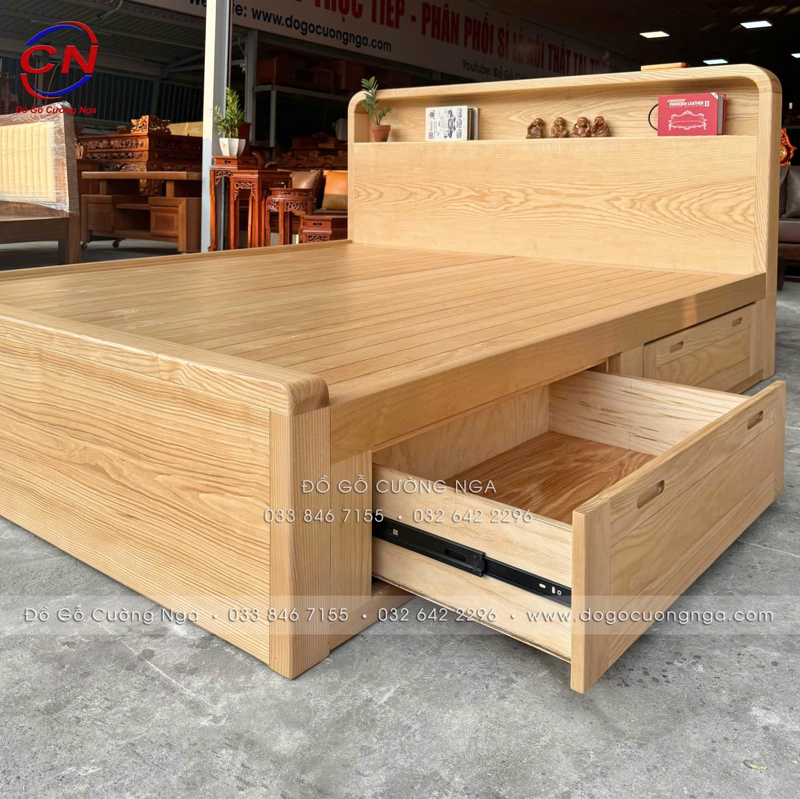 giường ngủ gỗ sồi nga 2 ngăn kéo