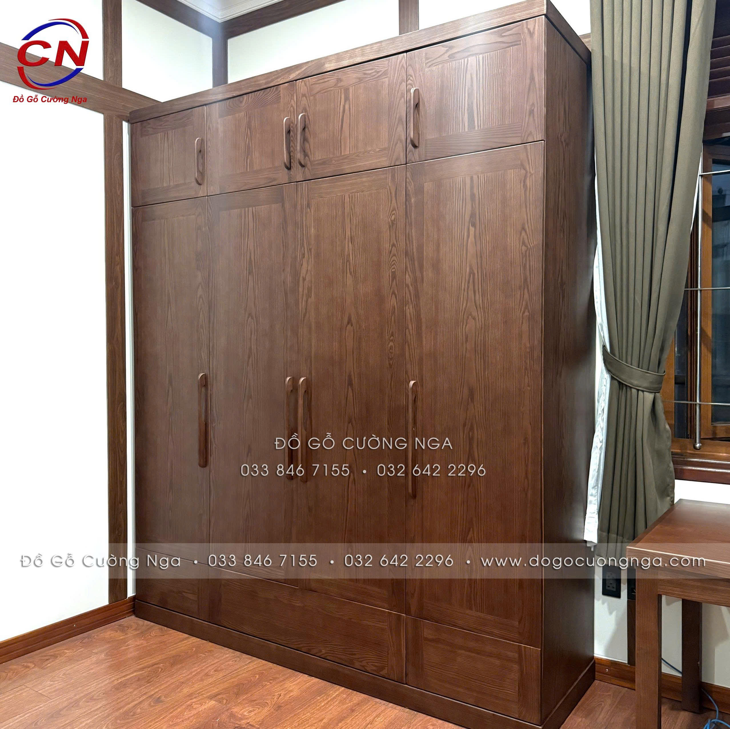 tủ quần áo gỗ sồi màu óc chó hiện đại 2 tầng