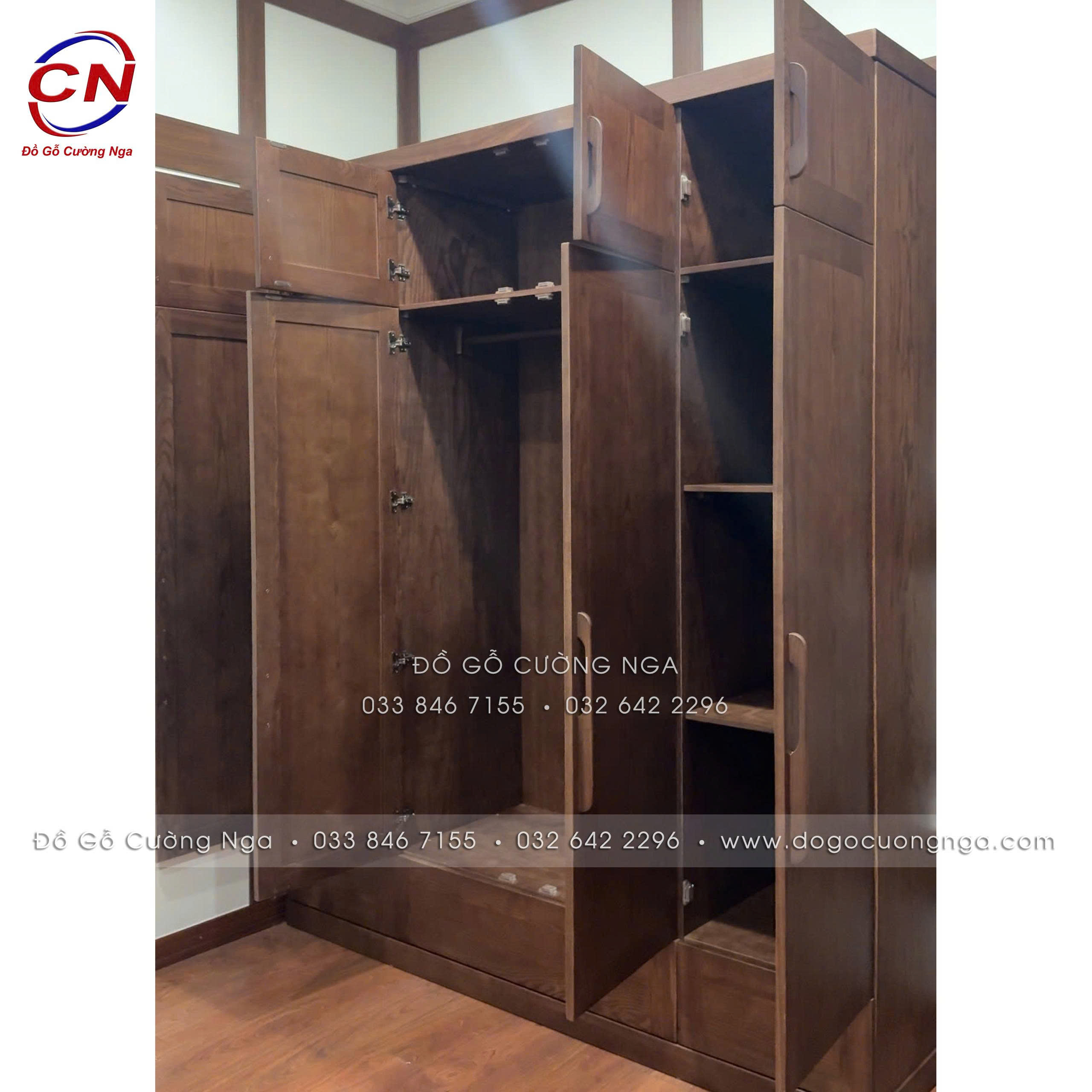 thiết kế bên trong tủ áo gỗ sồi 2 tầng