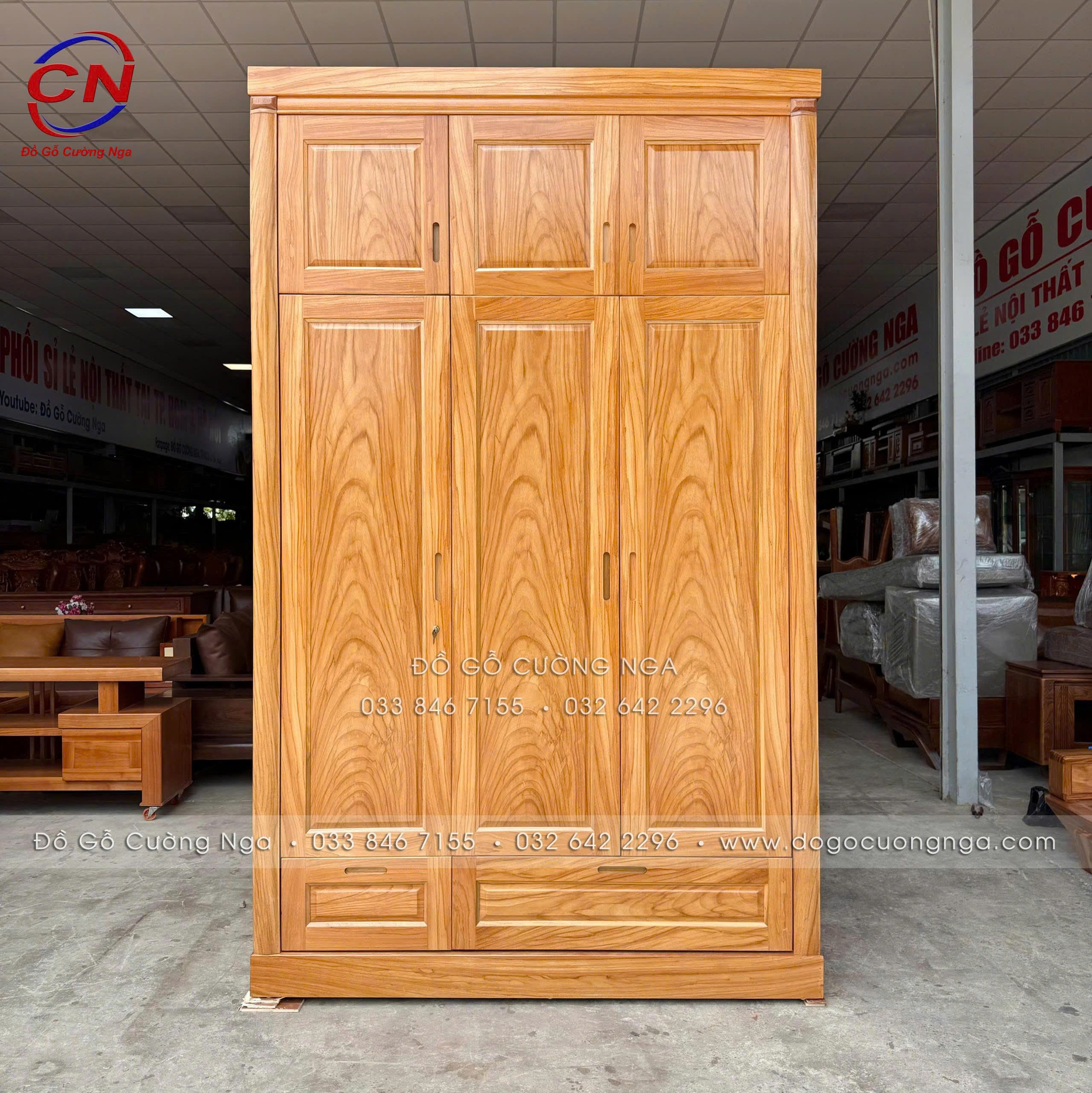 tủ áo gỗ gõ đỏ 3 cánh 2 tầng 