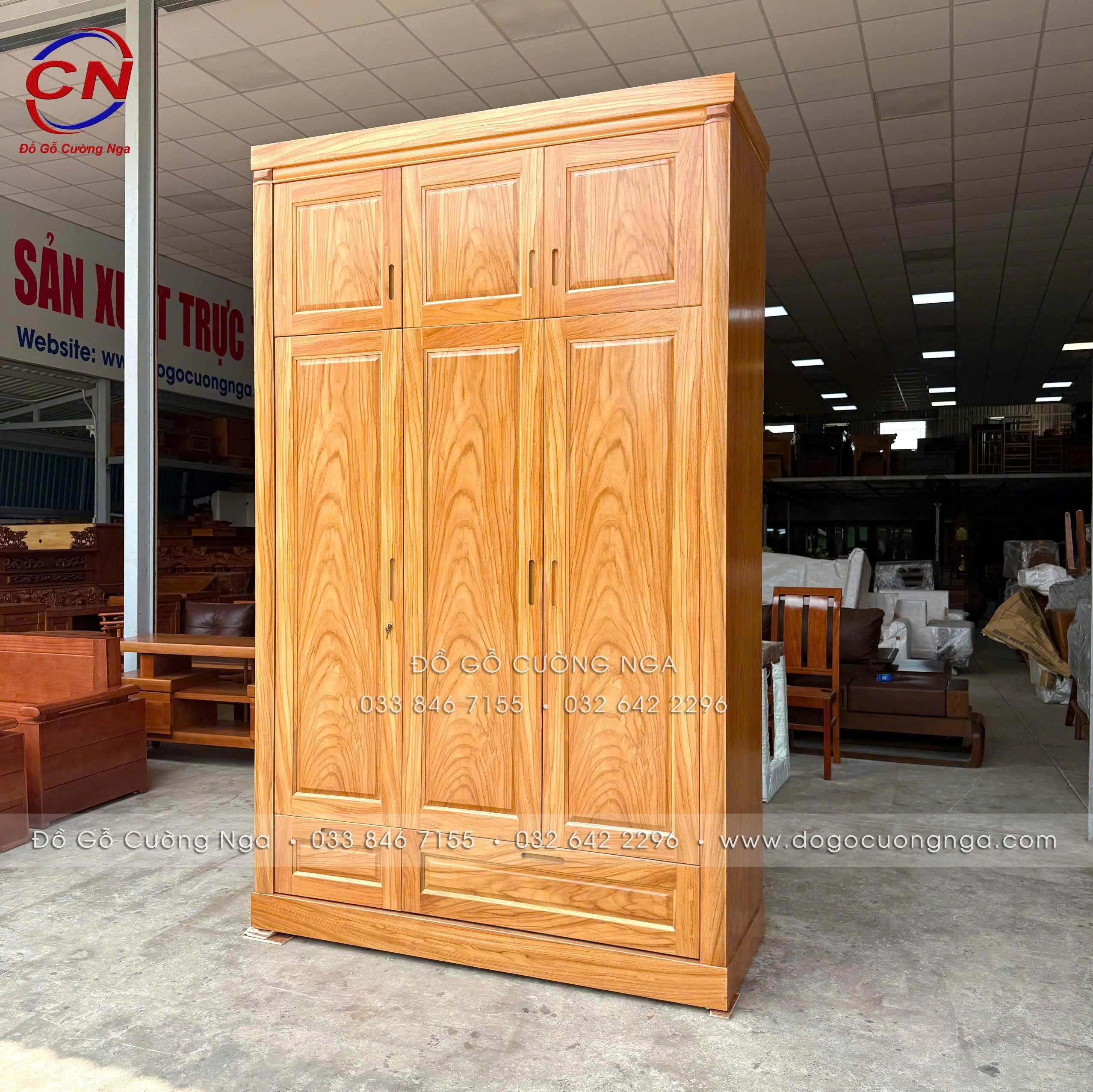 tủ áo gỗ gõ đỏ 3 cánh 2 tầng 