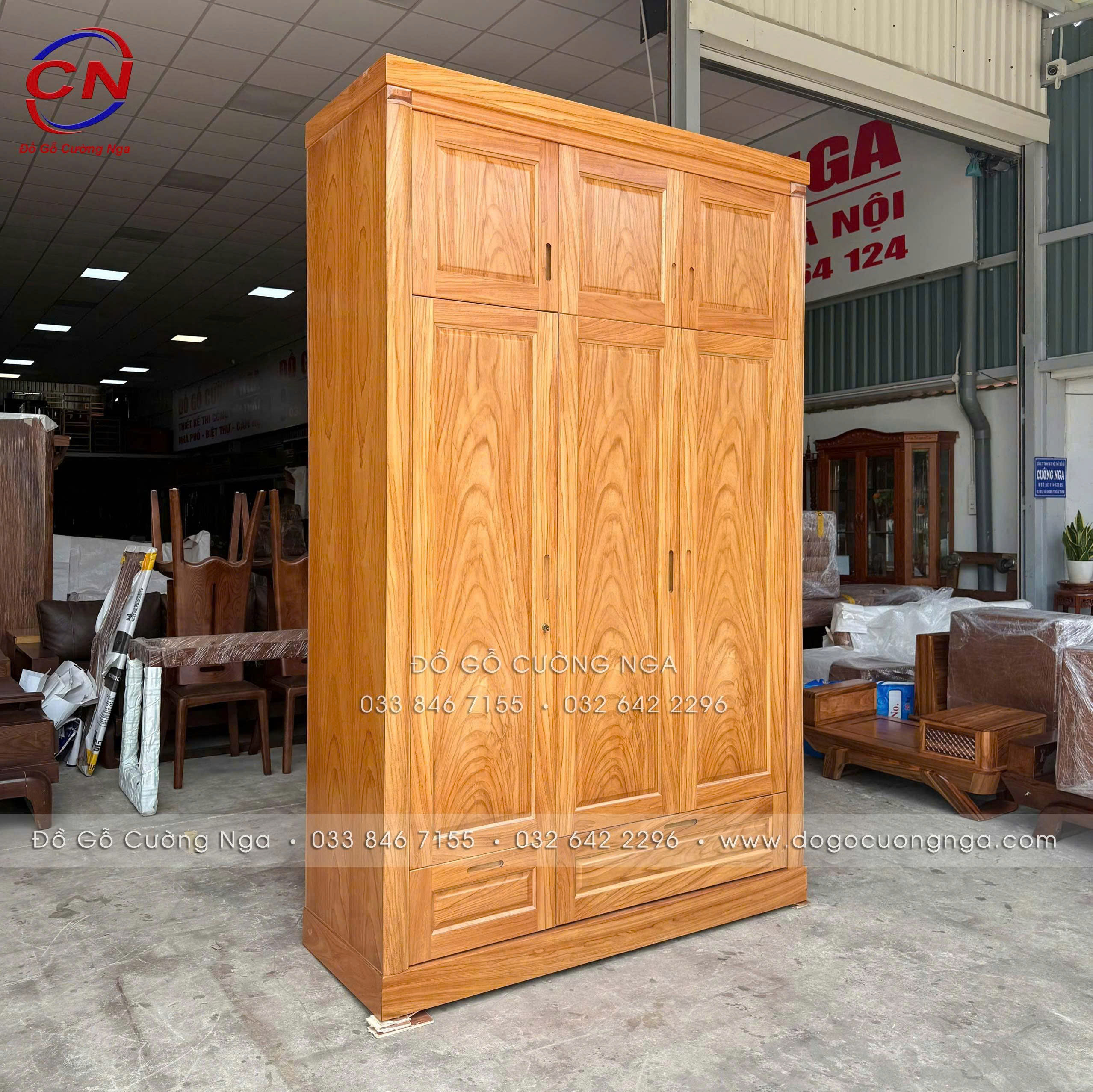 tủ áo gỗ gõ đỏ 3 cánh 2 tầng 