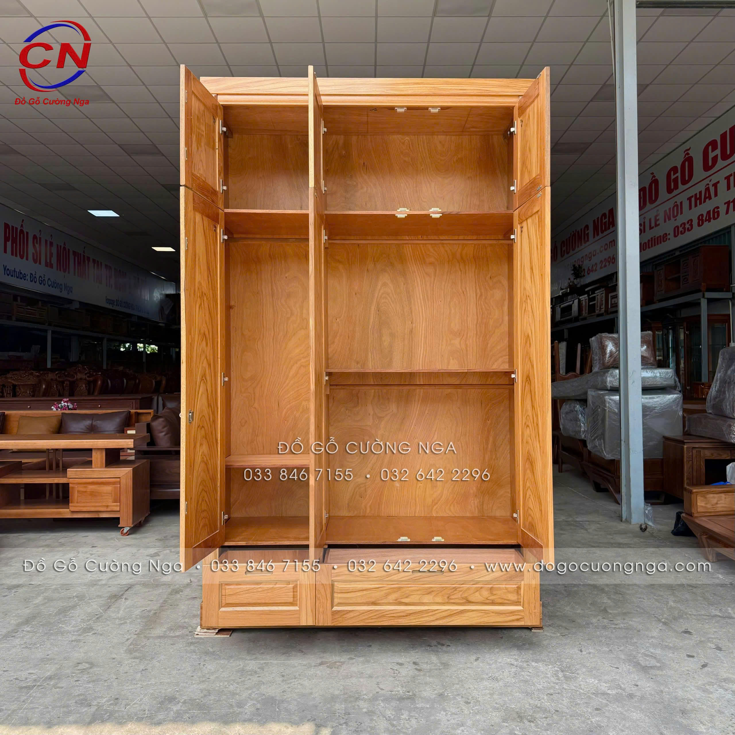 tủ áo gỗ gõ đỏ 3 cánh 2 tầng 