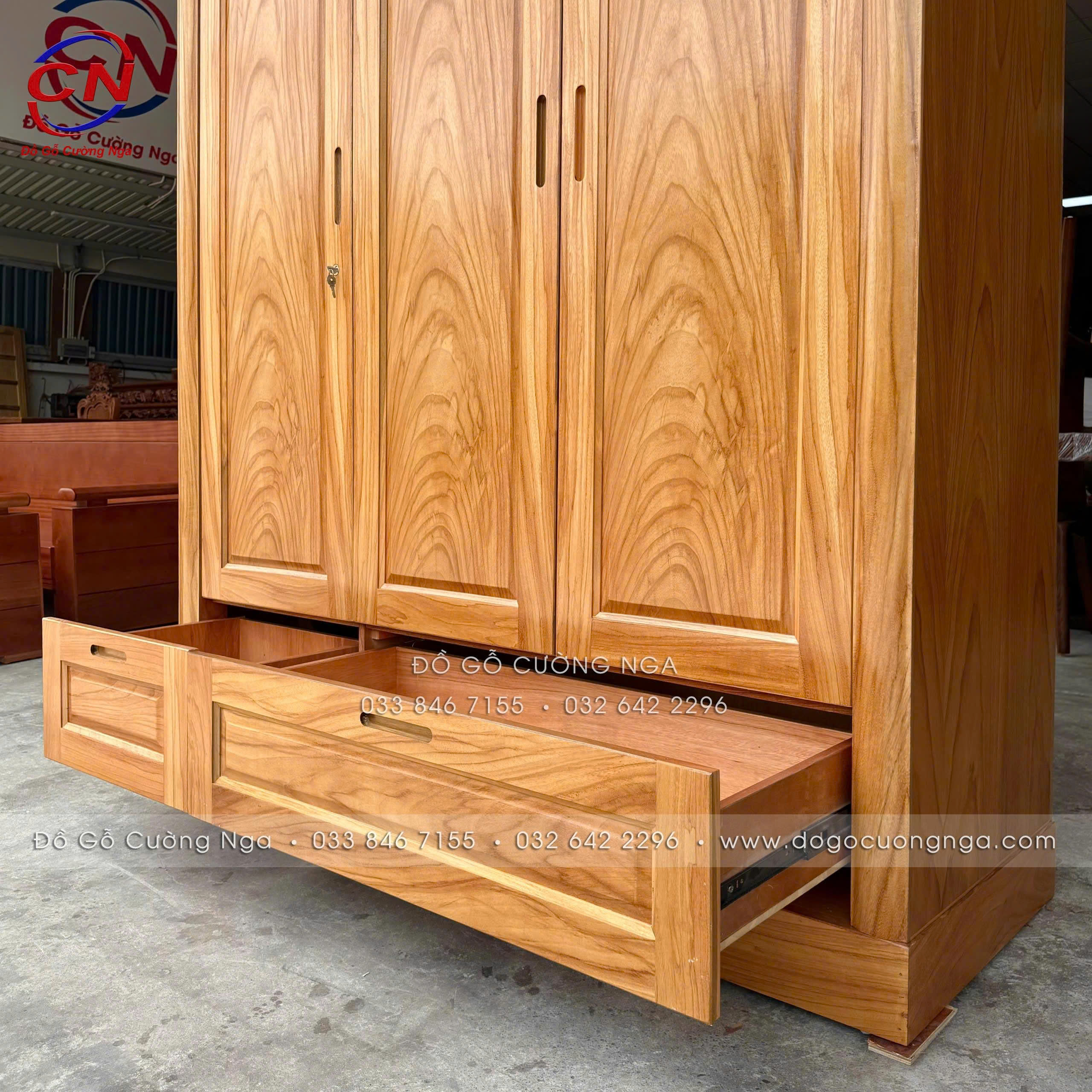tủ áo gỗ gõ đỏ 3 cánh 2 tầng 