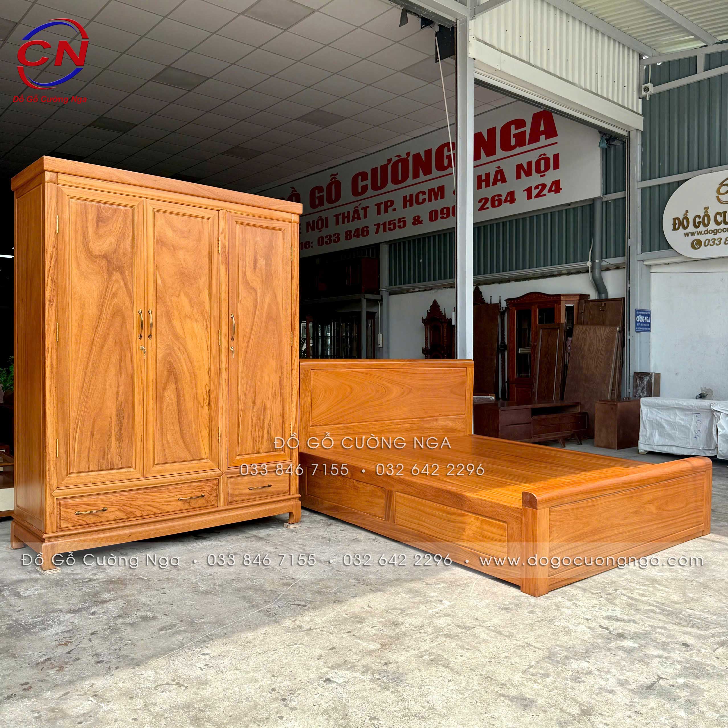 tủ áo gỗ gõ đỏ 3 cánh trơn 100%