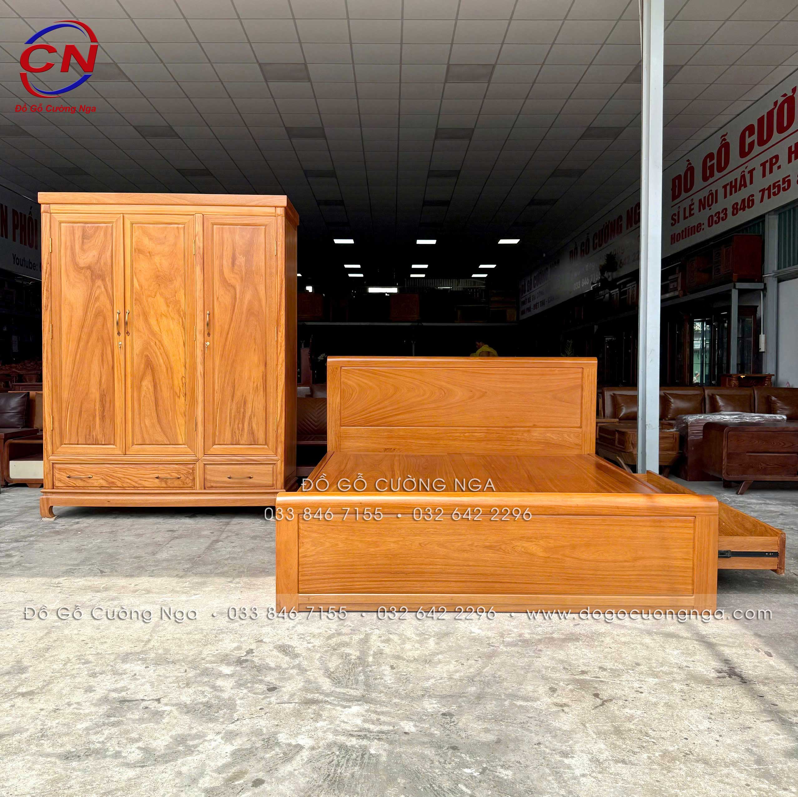 tủ áo gỗ gõ đỏ 3 cánh trơn 100%