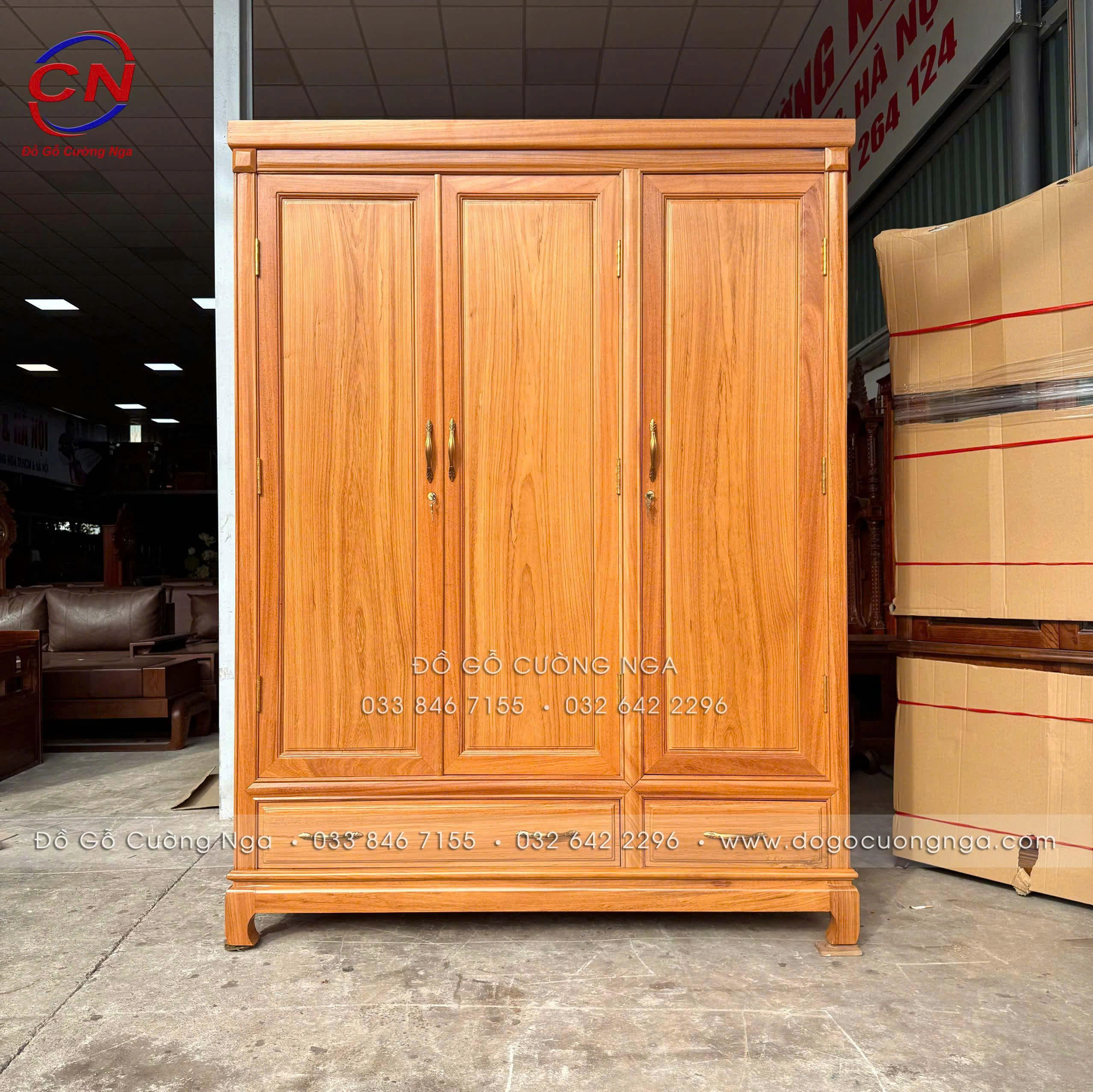 tủ áo gỗ gõ đỏ 3 cánh trơn 100%