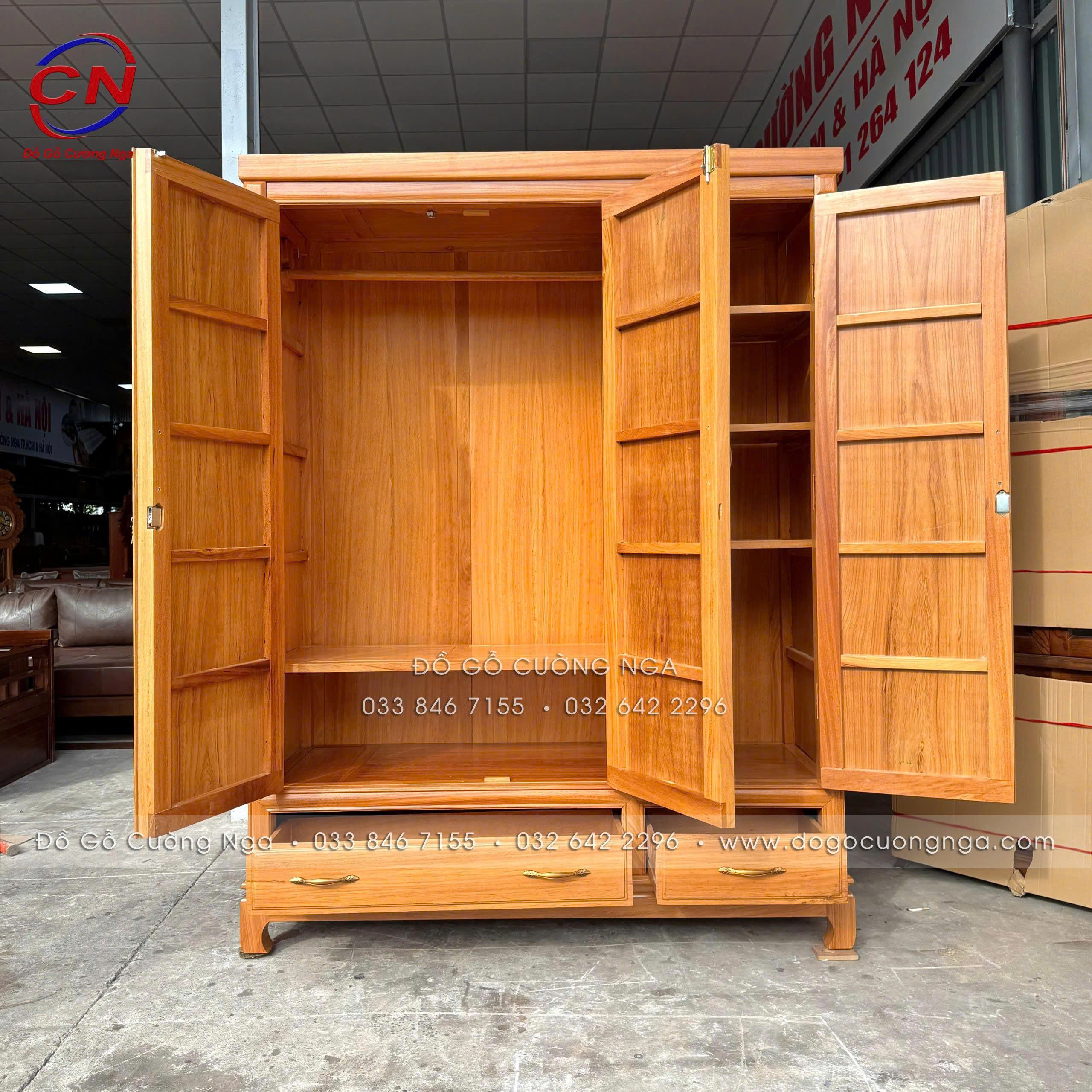 tủ áo gỗ gõ đỏ 3 cánh trơn 100%