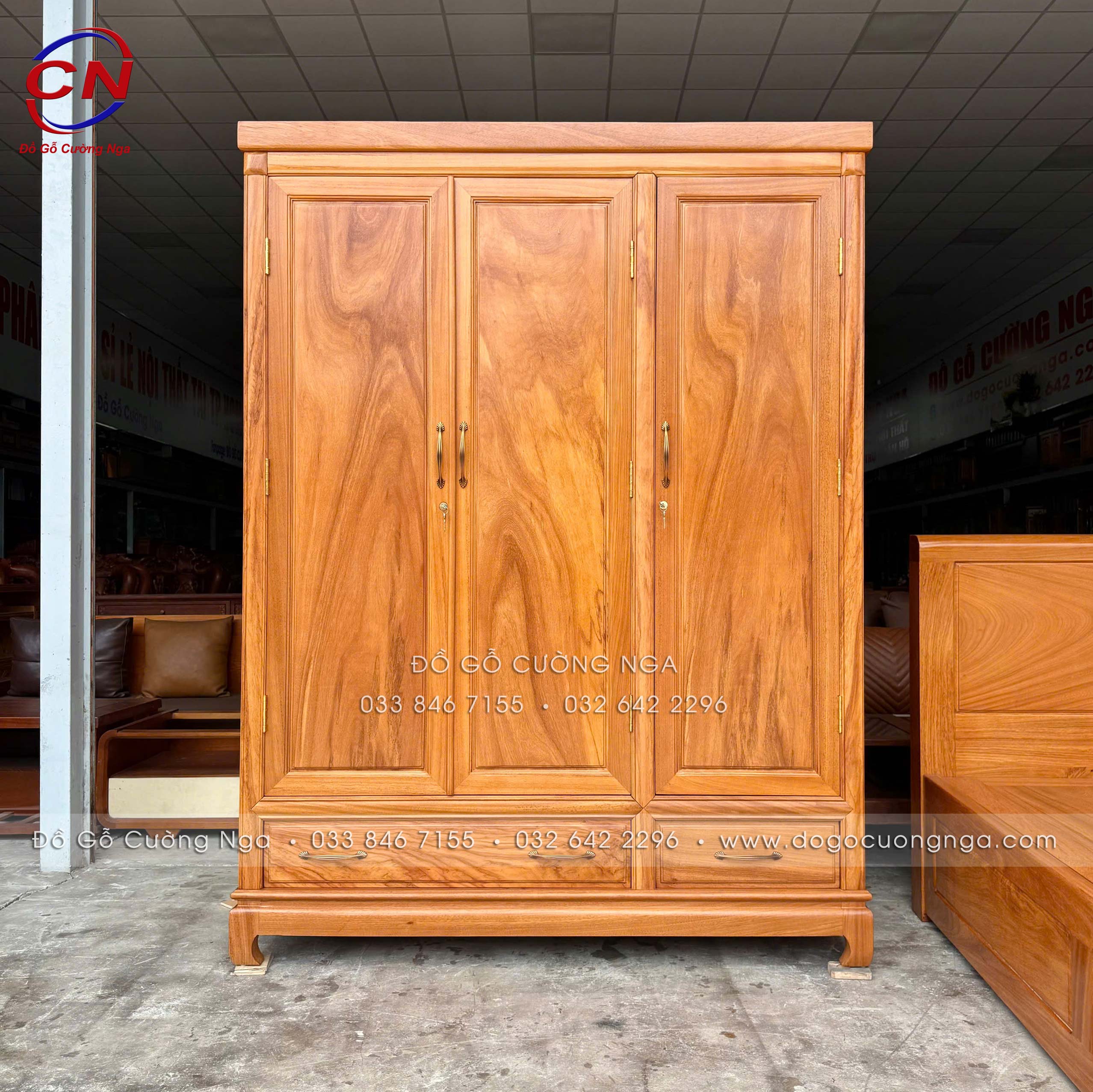 tủ áo gỗ gõ đỏ 3 cánh trơn 100%