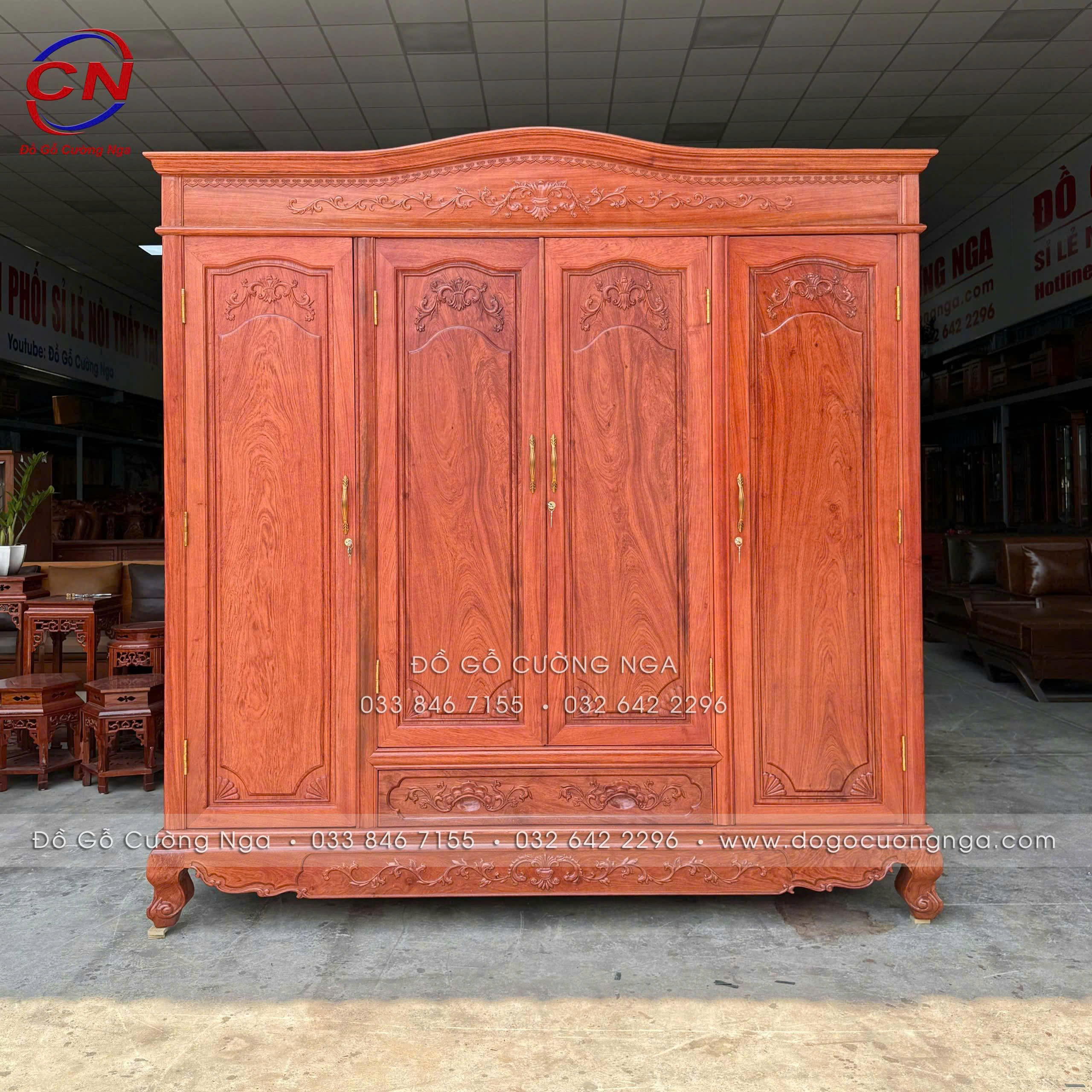 tủ áo gỗ hương đá 4 cánh tân cổ điển