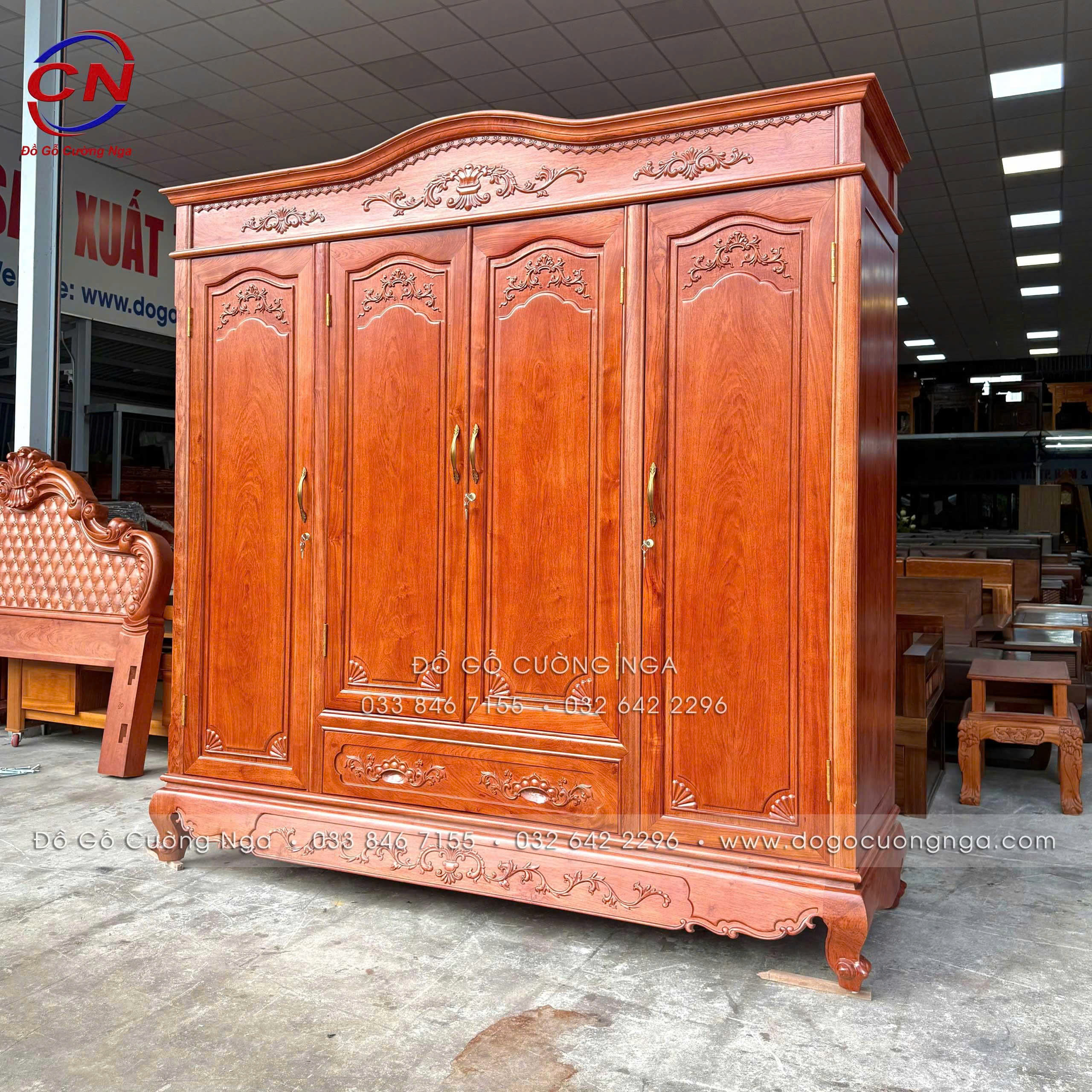 tủ áo gỗ hương đá 4 cánh tân cổ điển