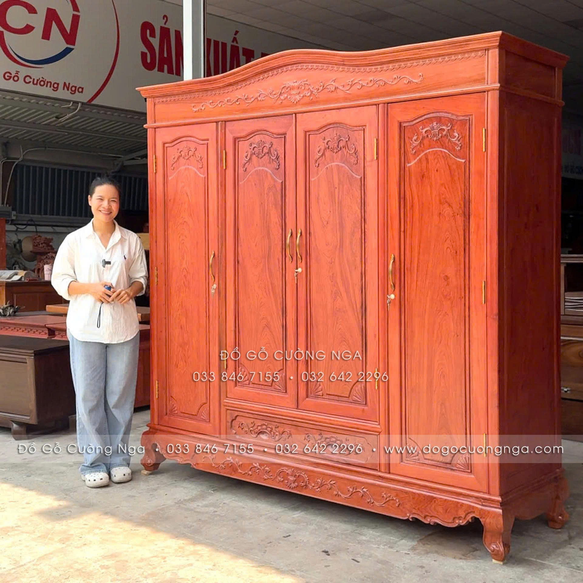 tủ áo gỗ hương đá 4 cánh tân cổ điển