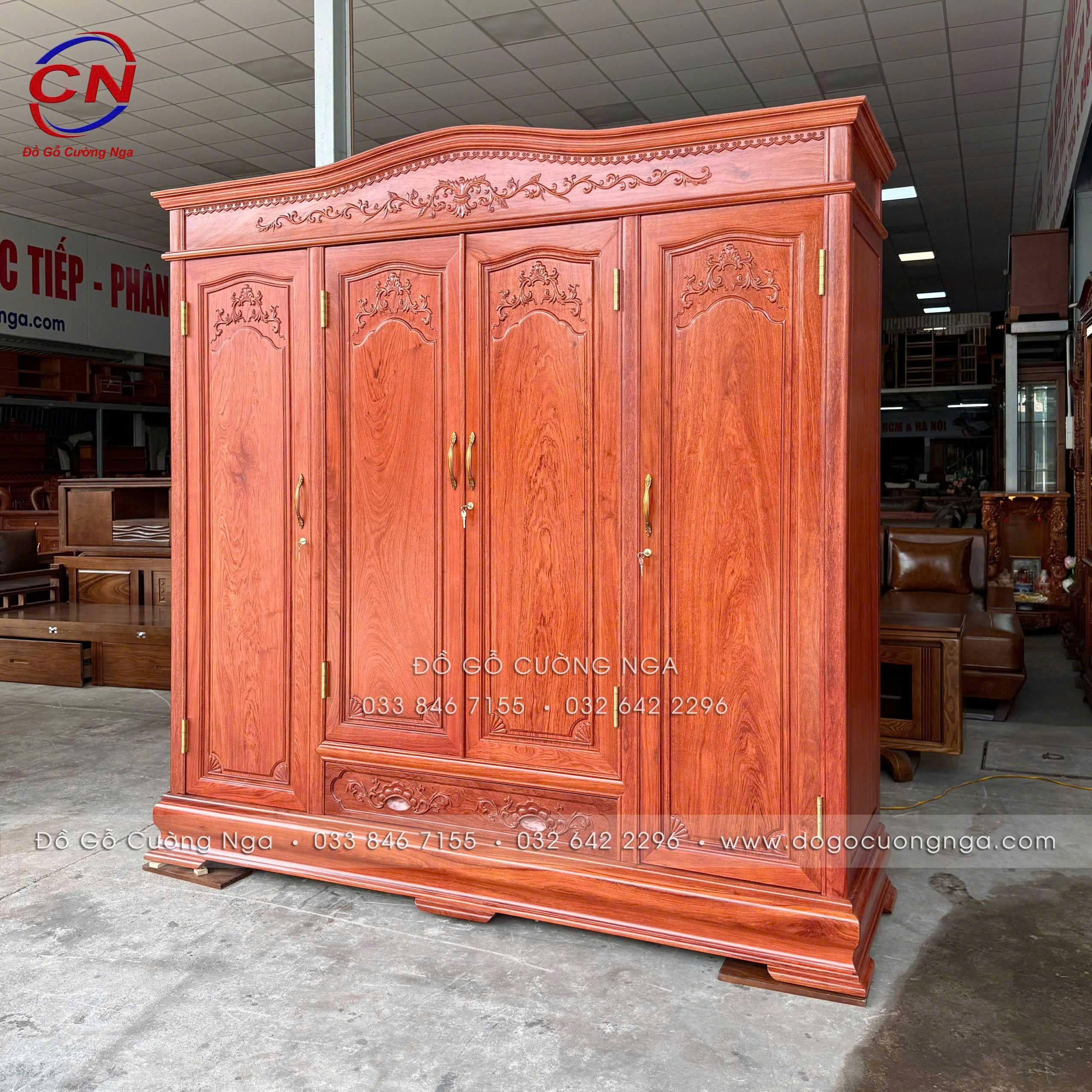 tủ quần áo gỗ hương đá 4 cánh cao cấp