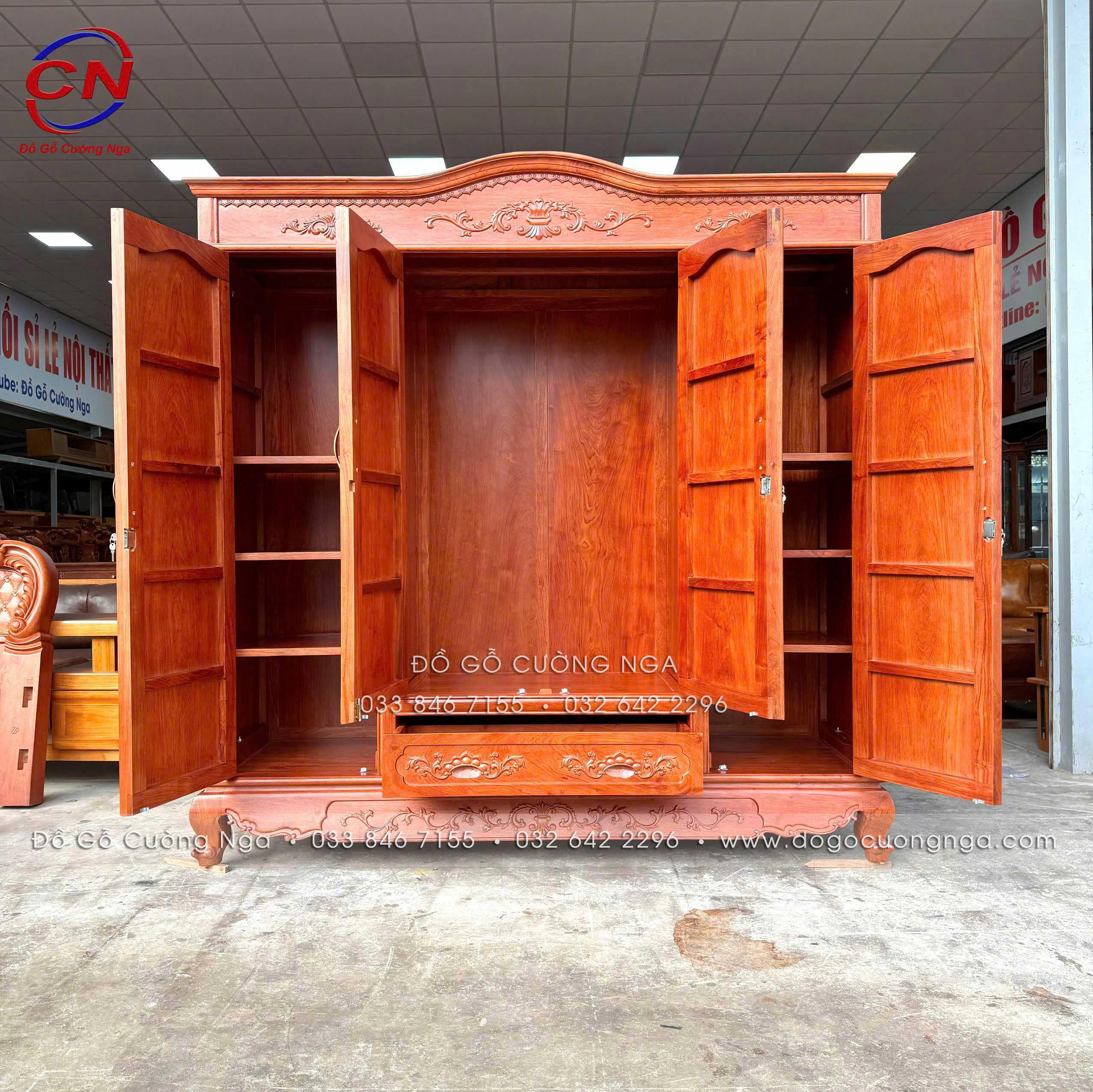 tủ áo gỗ hương đá 4 cánh tân cổ điển