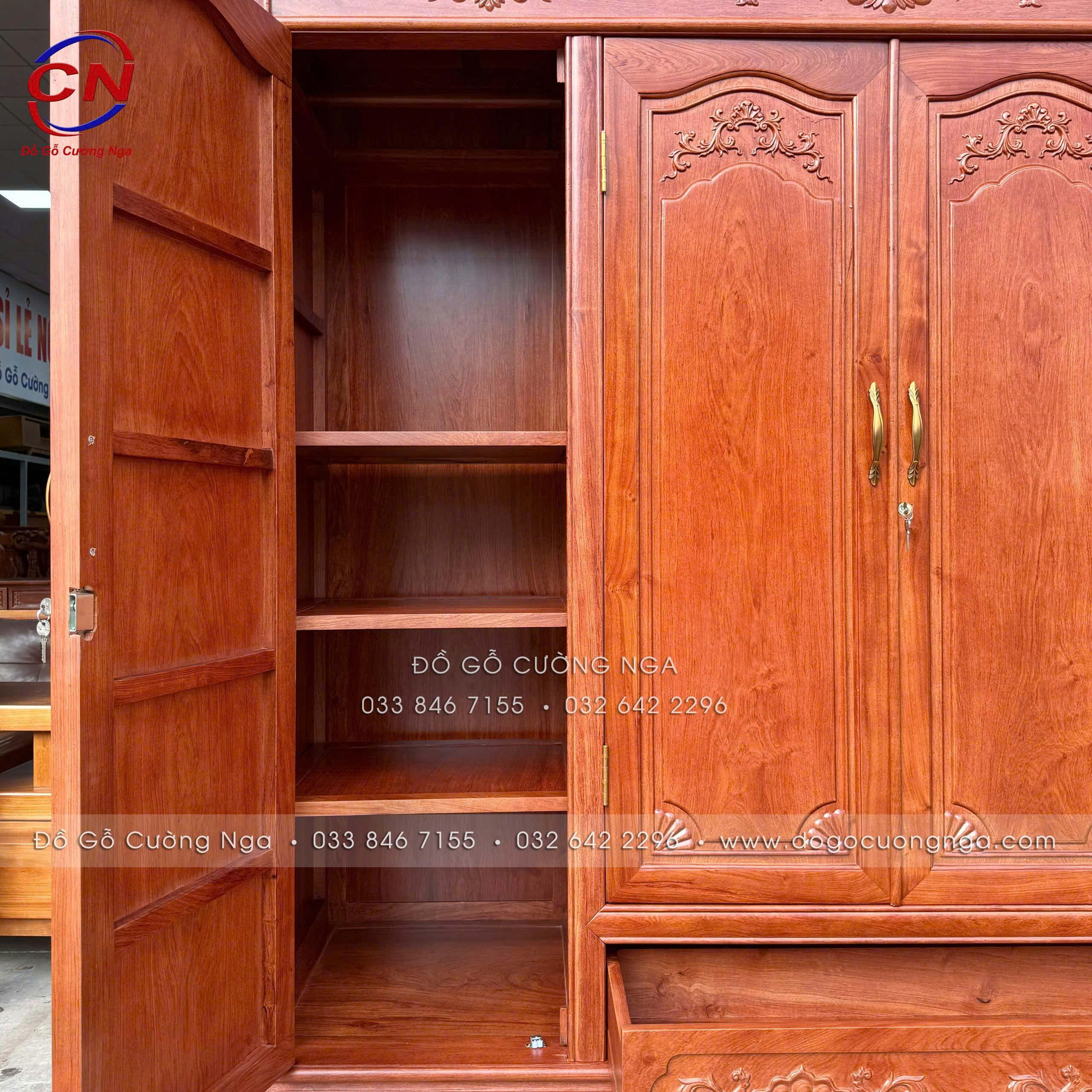 tủ áo gỗ hương đá 4 cánh tân cổ điển