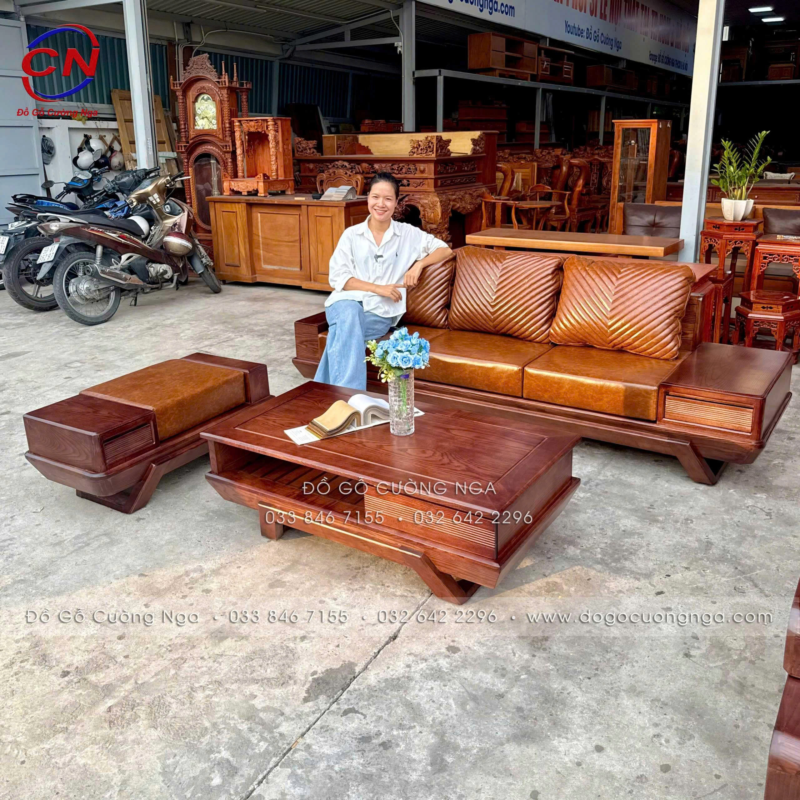 sofa gỗ sồi nga chân thuyền kèm nệm