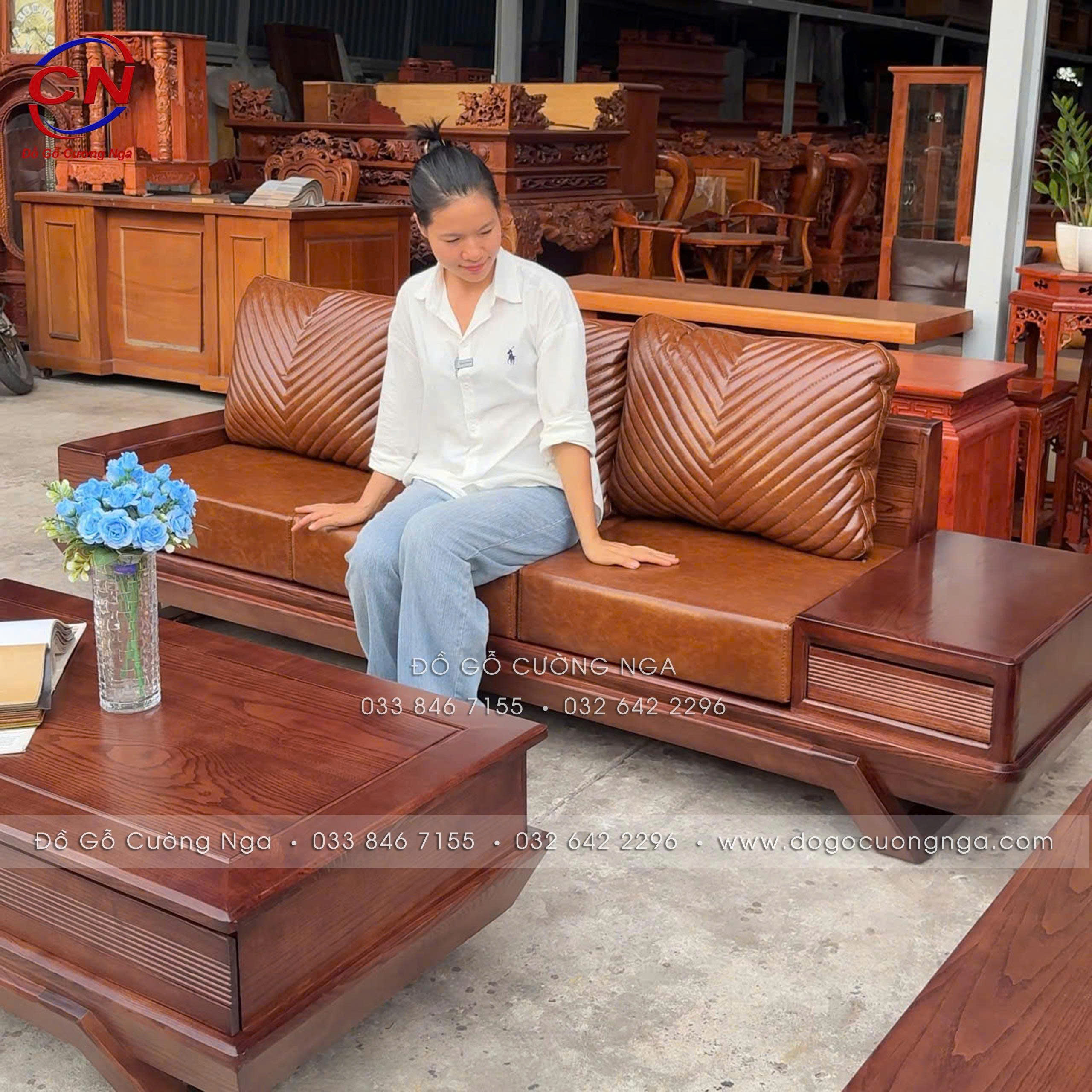 sofa gỗ sồi nga chân thuyền kèm nệm