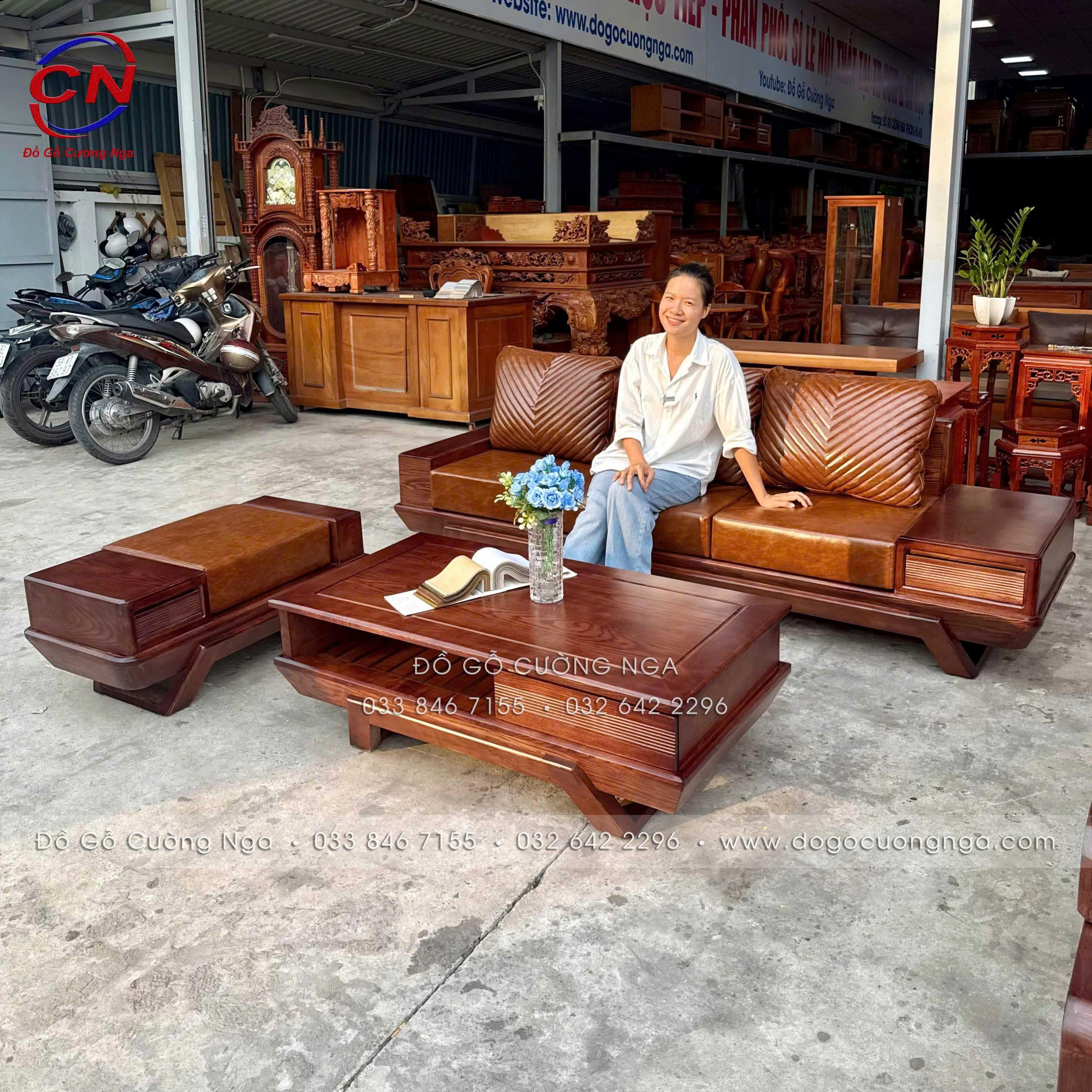 sofa gỗ sồi nga chân thuyền kèm nệm