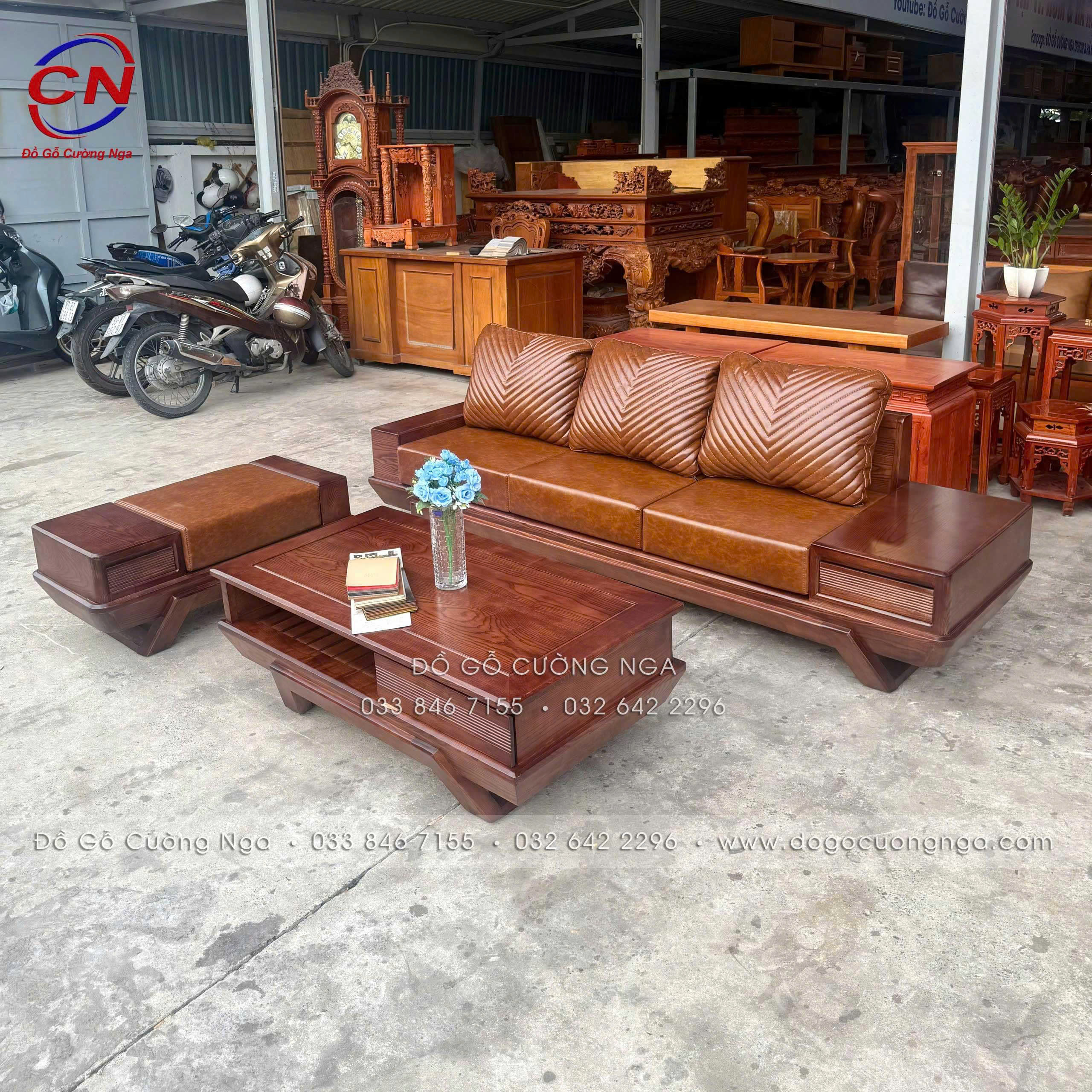 sofa gỗ sồi nga chân thuyền kèm nệm