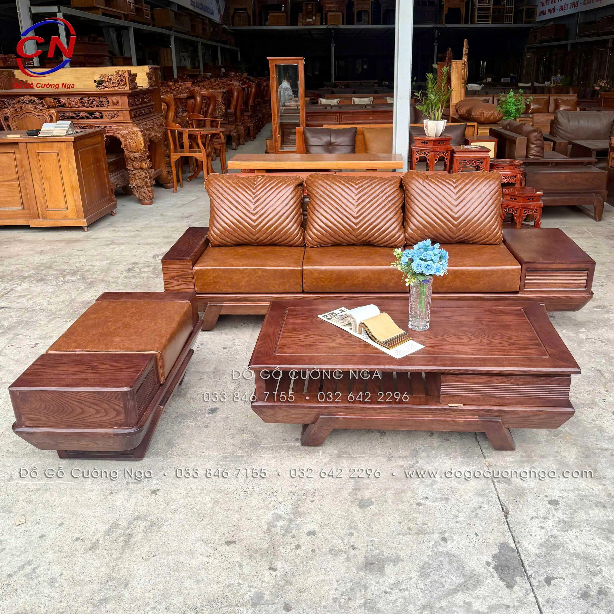 sofa gỗ sồi nga chân thuyền kèm nệm